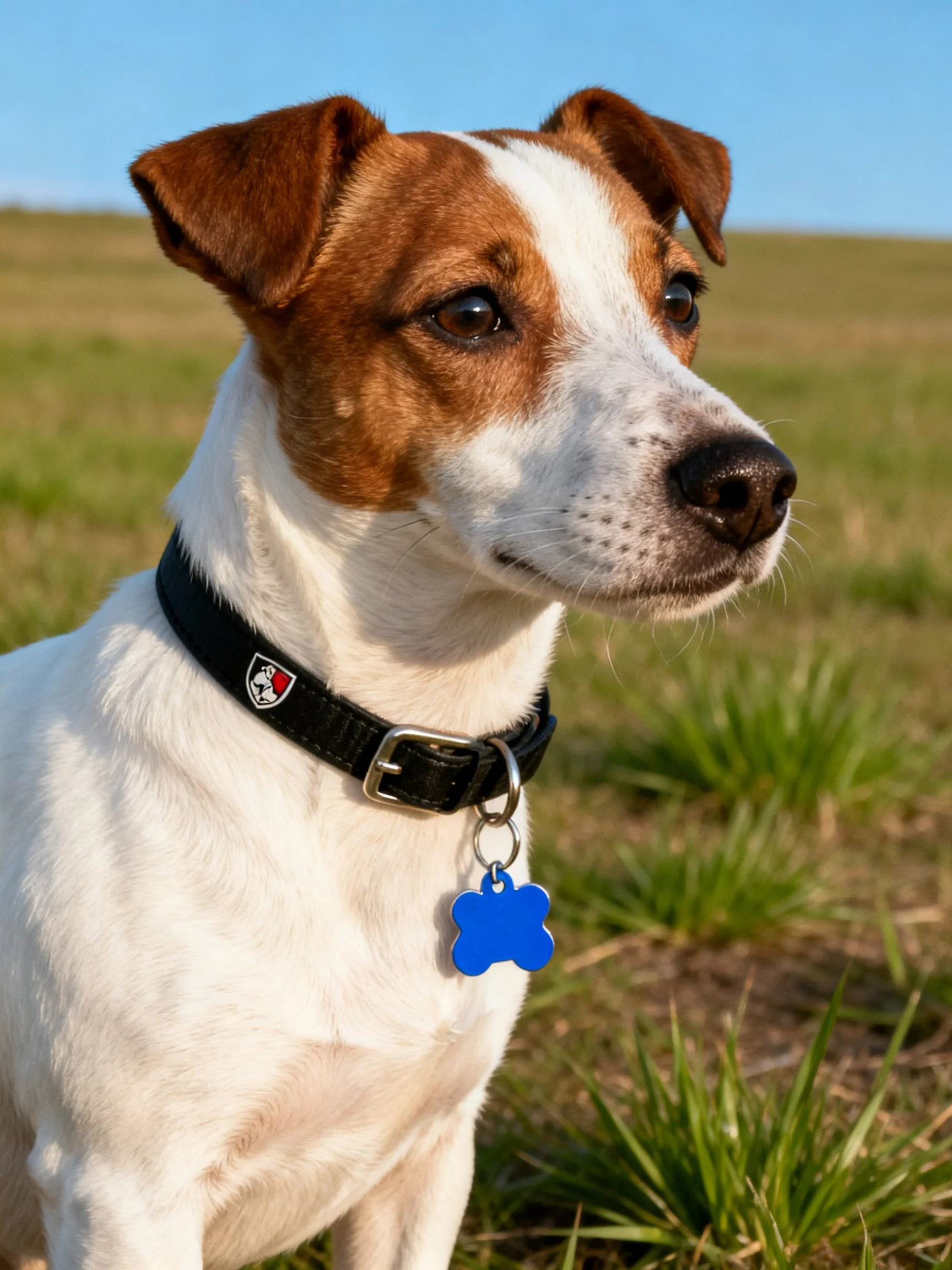 A brown and white dog stands in a grassy field with a black collar and blue tag