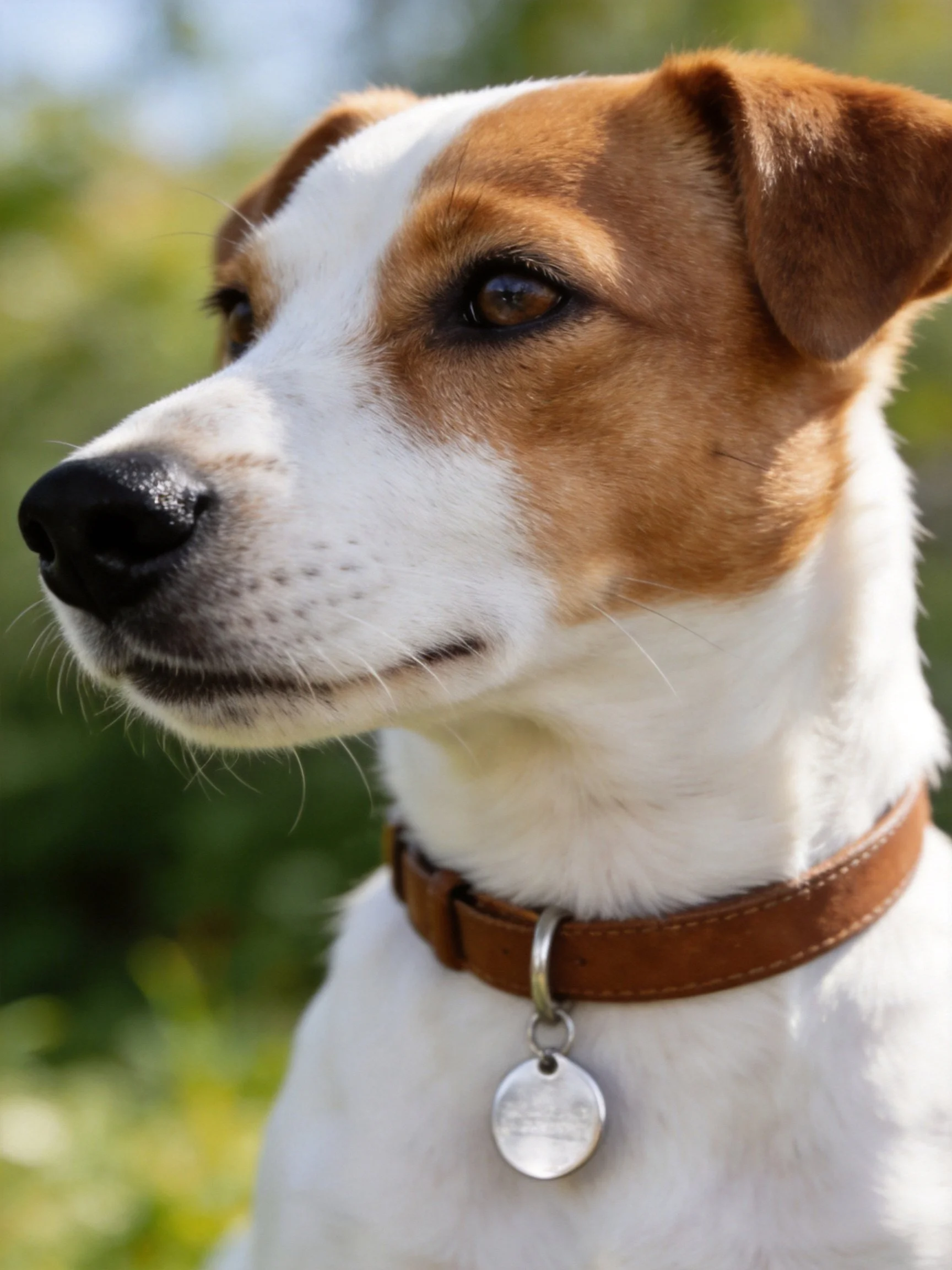 A brown and white dog with a brown collar stands in a sunny outdoor environment.