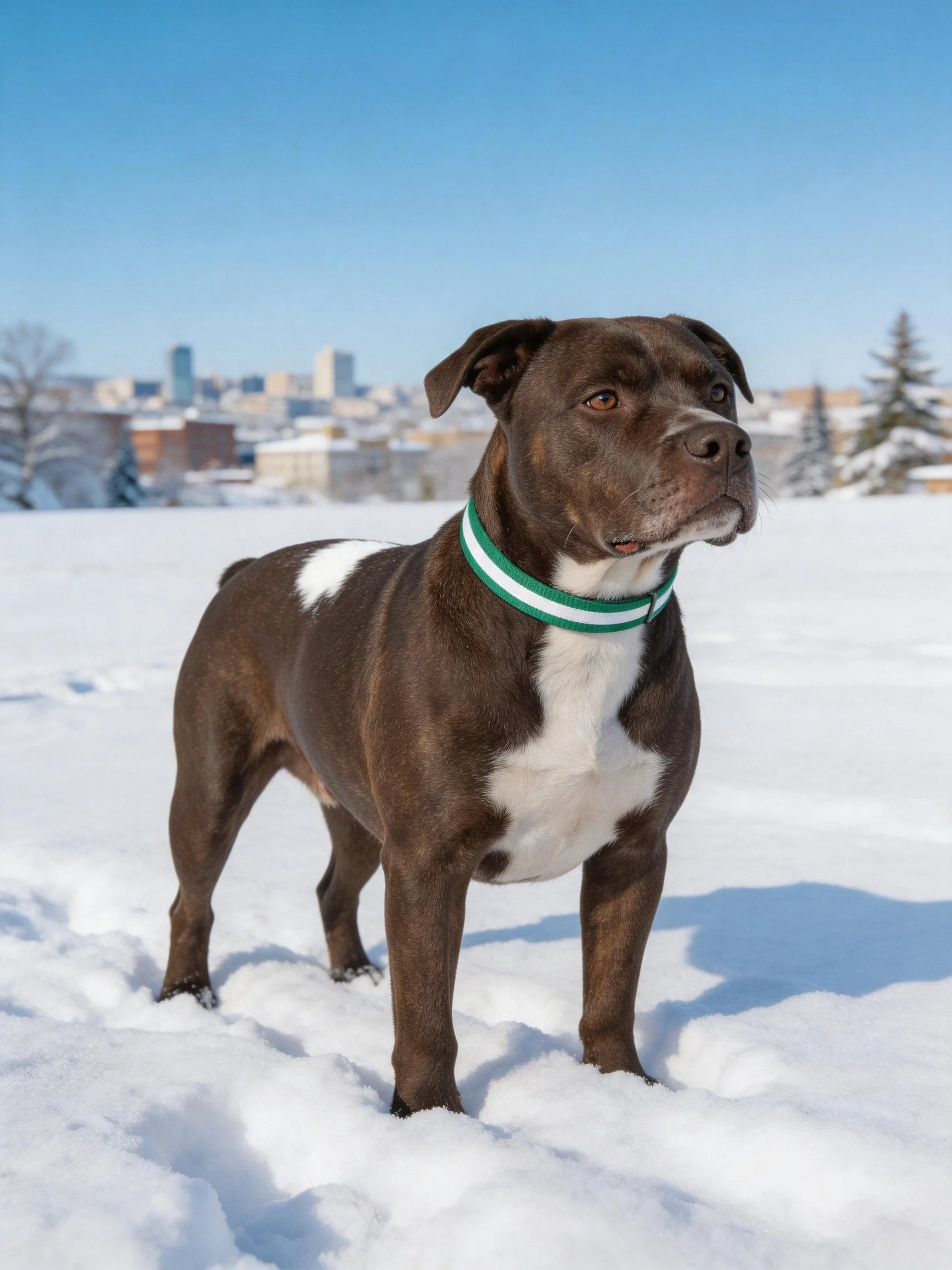 A brown and white dog stands in snow with a distant city skyline