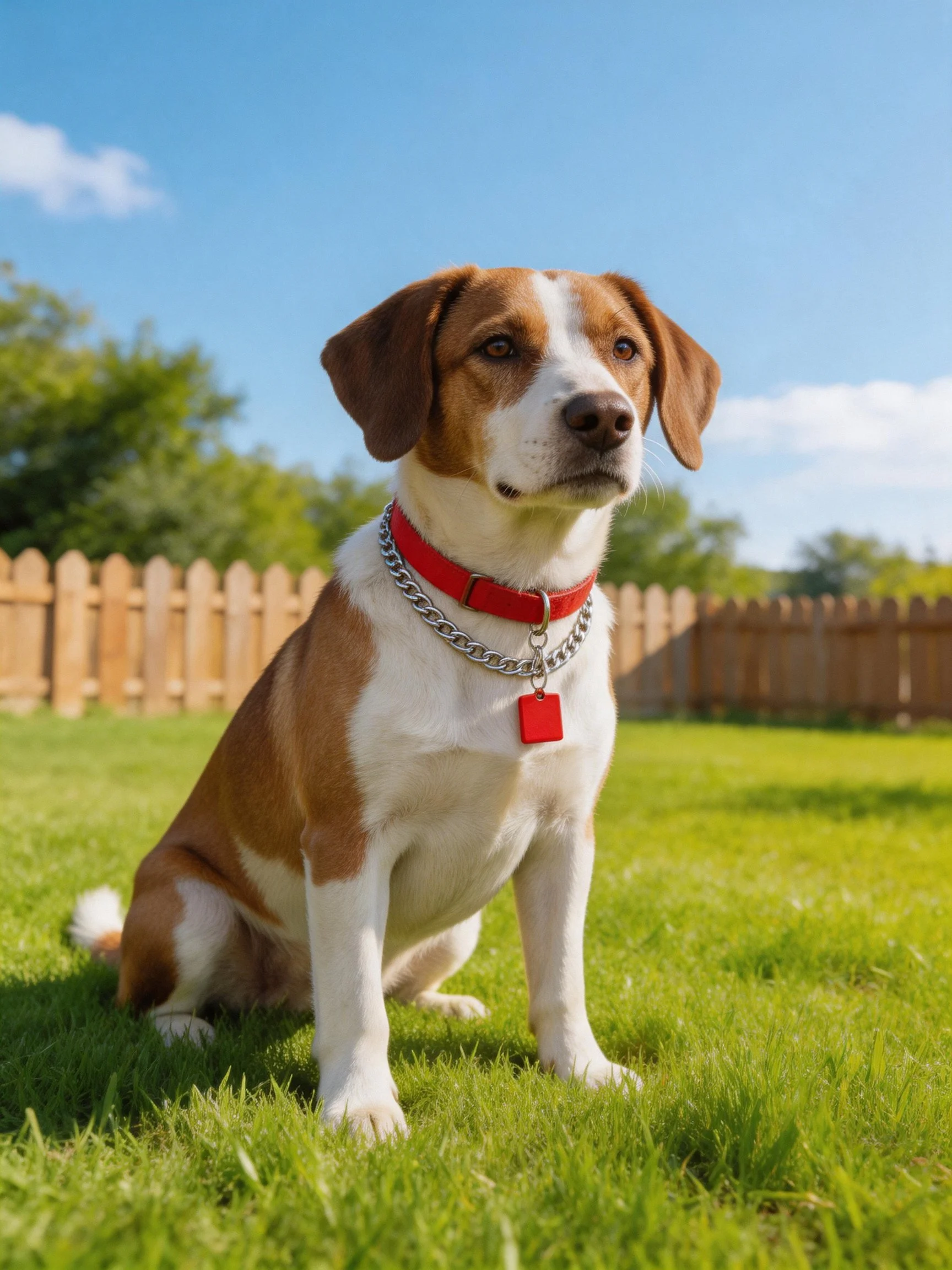 A brown and white dog sits calmly on green grass near a wooden fence.