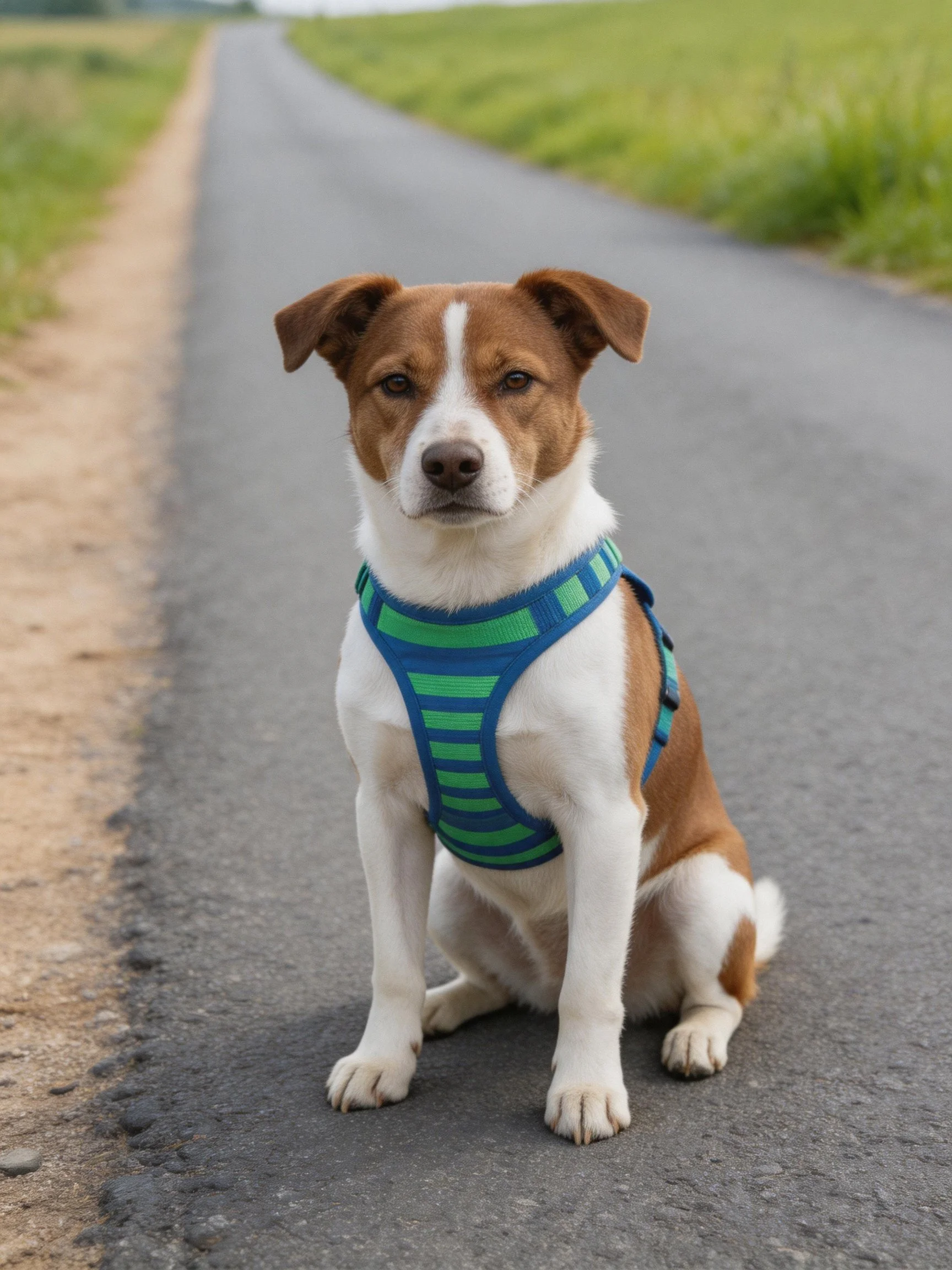 A brown and white dog wears a blue-green striped harness while sitting on a paved road.