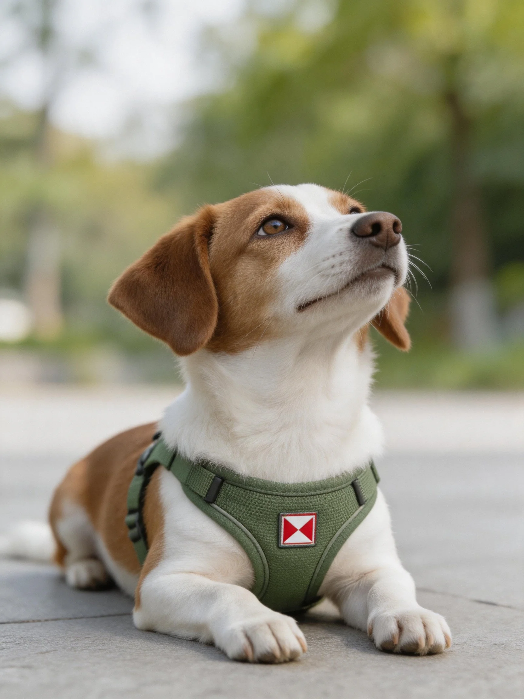A brown and white dog in a green harness rests outside near greenery.