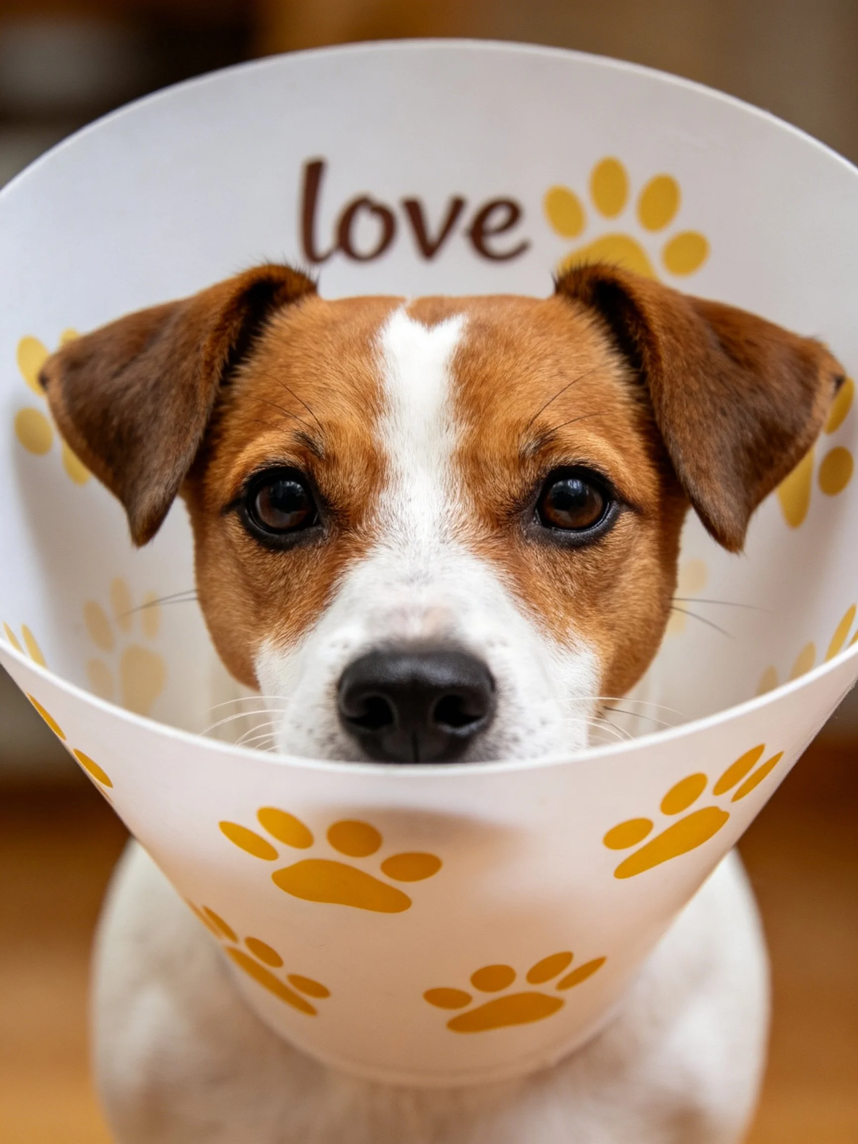 A brown and white dog wears a cone with paw prints.