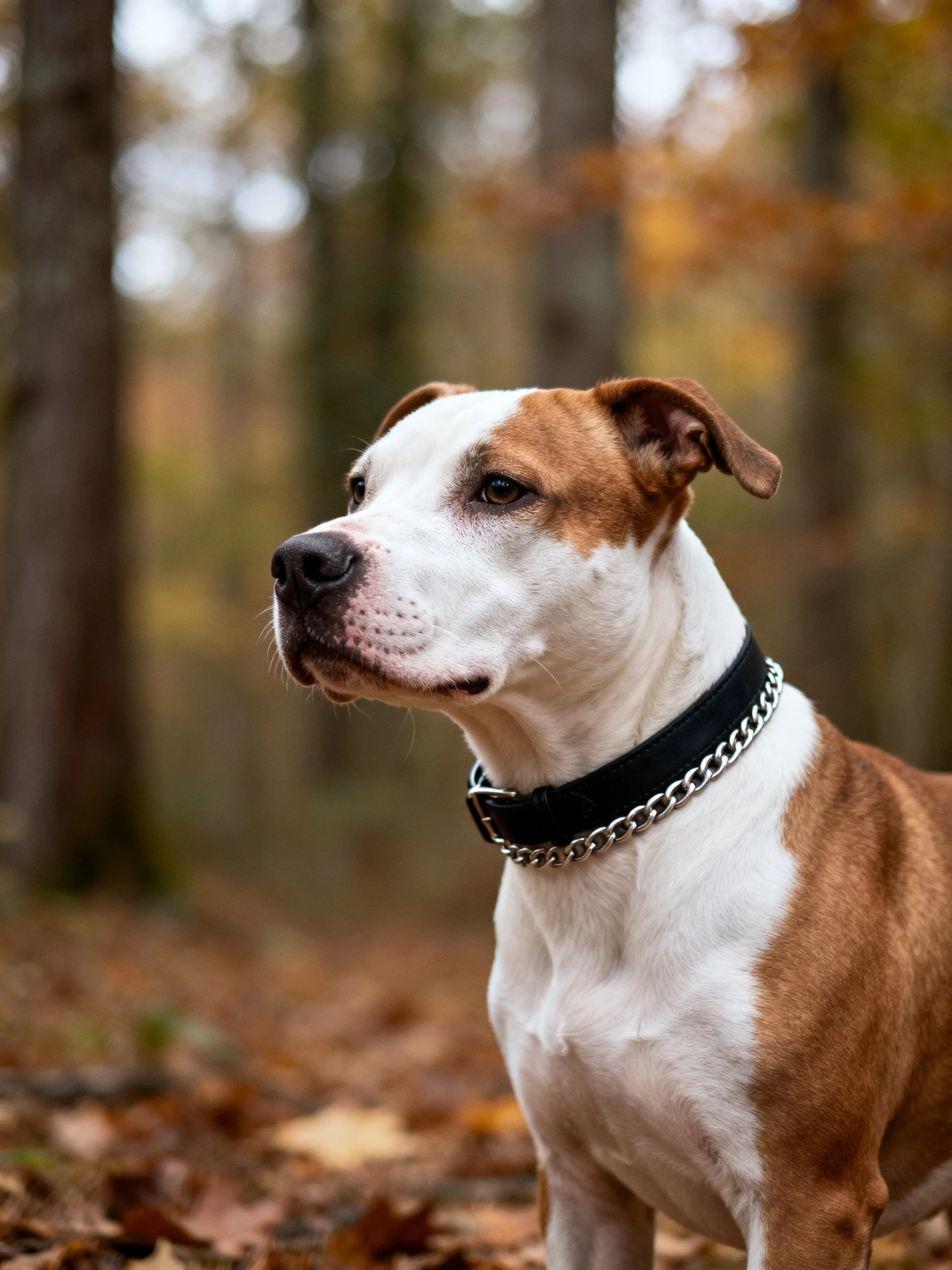 A brown and white dog stands alert among autumnal woods with fallen leaves.