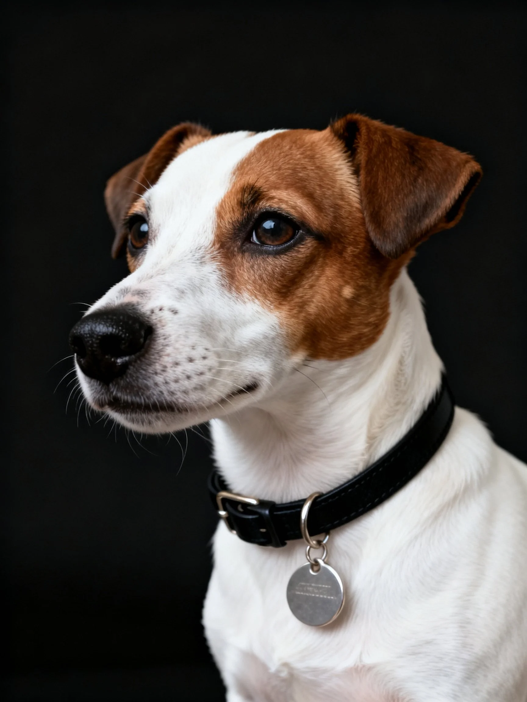 A brown and white dog with a black collar stands out against a dark background.