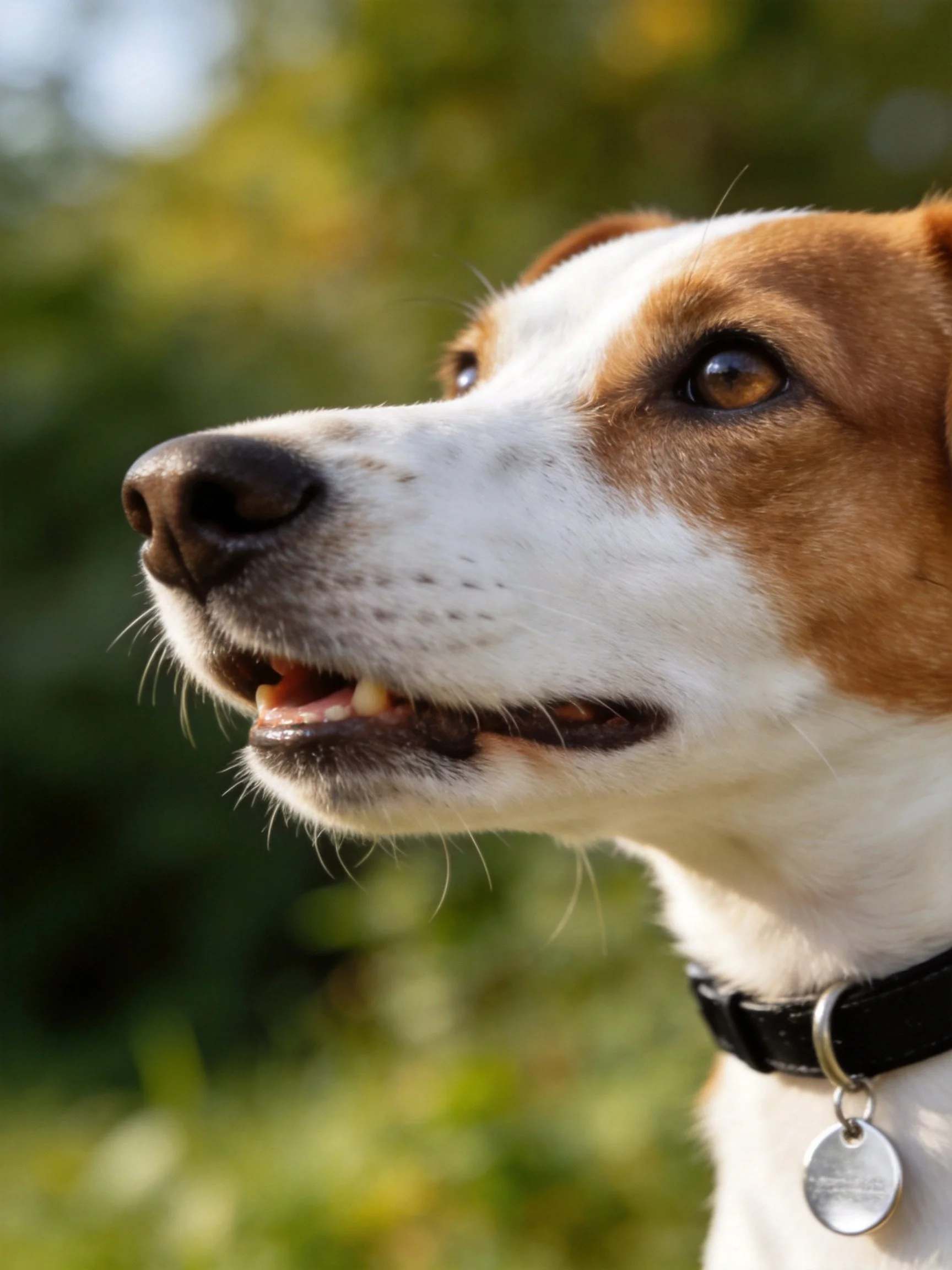 A brown and white dog with a black collar looks attentively into the distance.