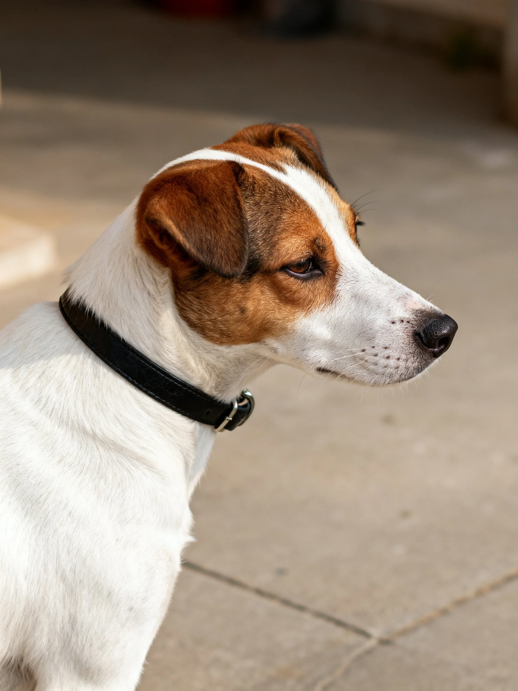A brown and white dog with a black collar stands on a concrete surface.