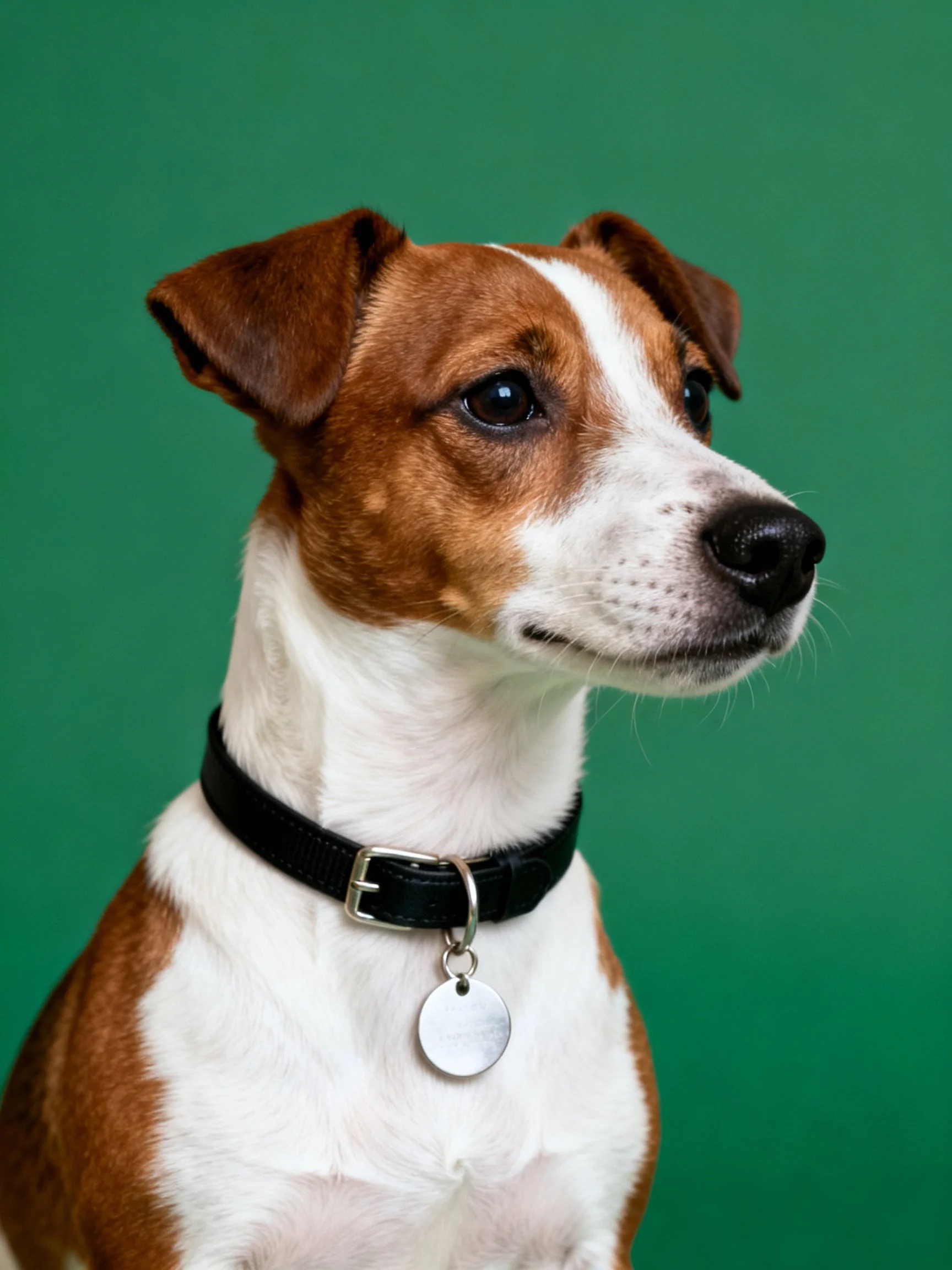A brown and white dog with a black collar is shown against a solid green background.