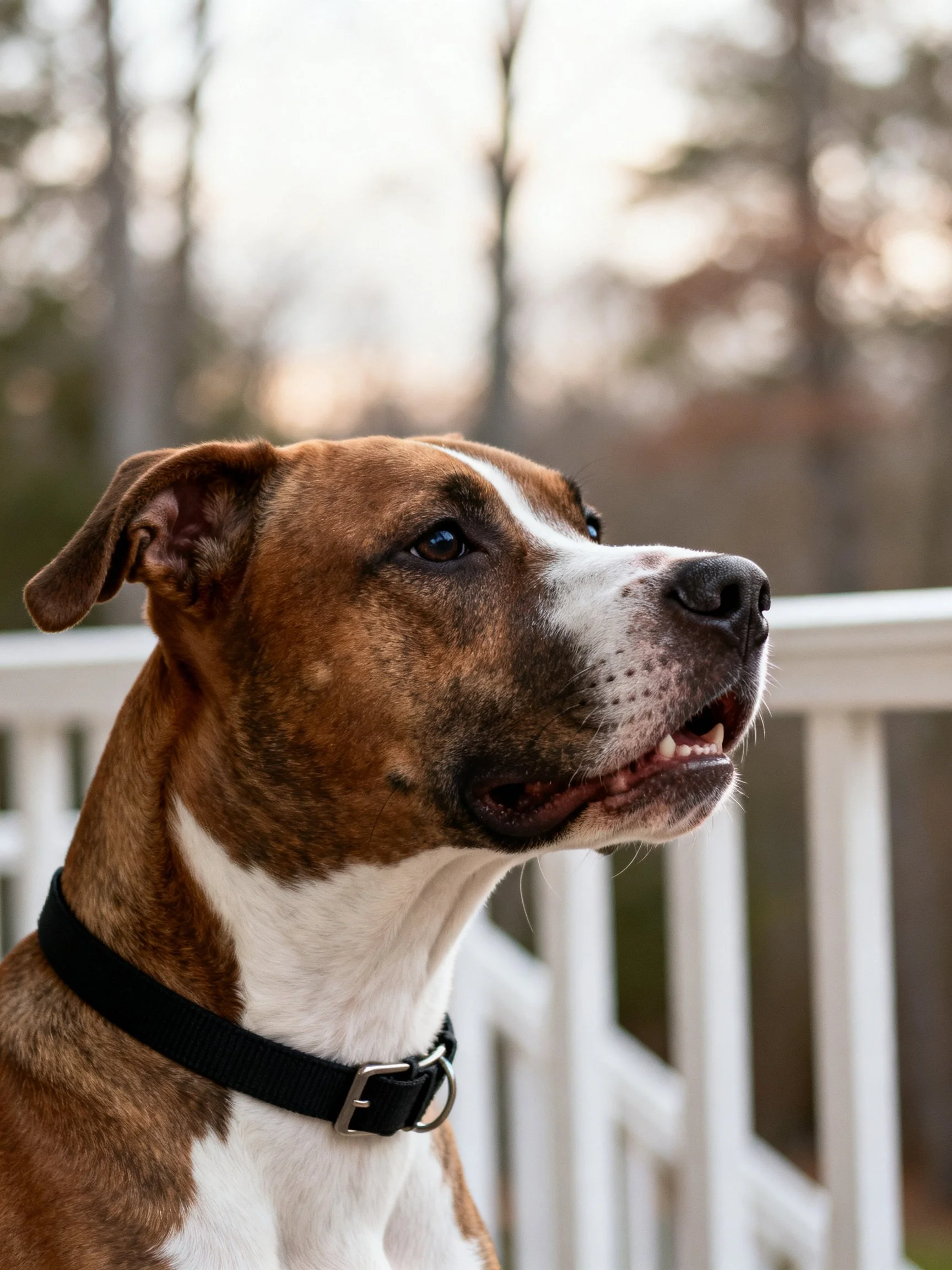 A brown and white dog with a black collar stands near a white railing in a wooded area.