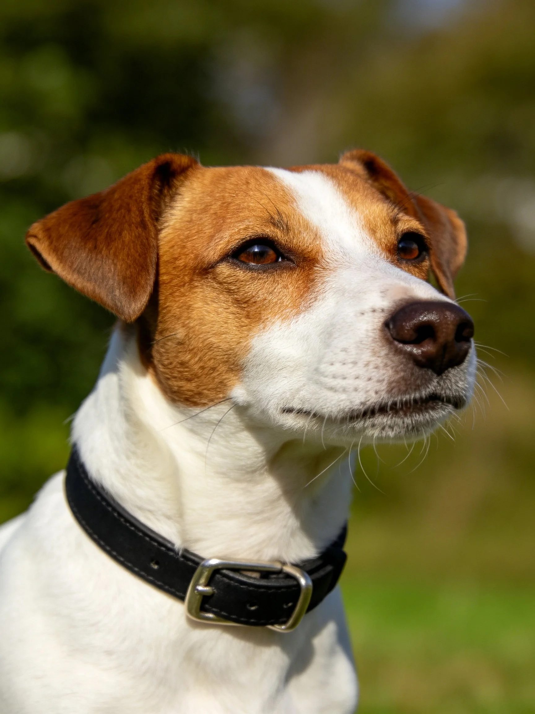 A brown-and-white dog with a black collar stands outdoors near greenery.