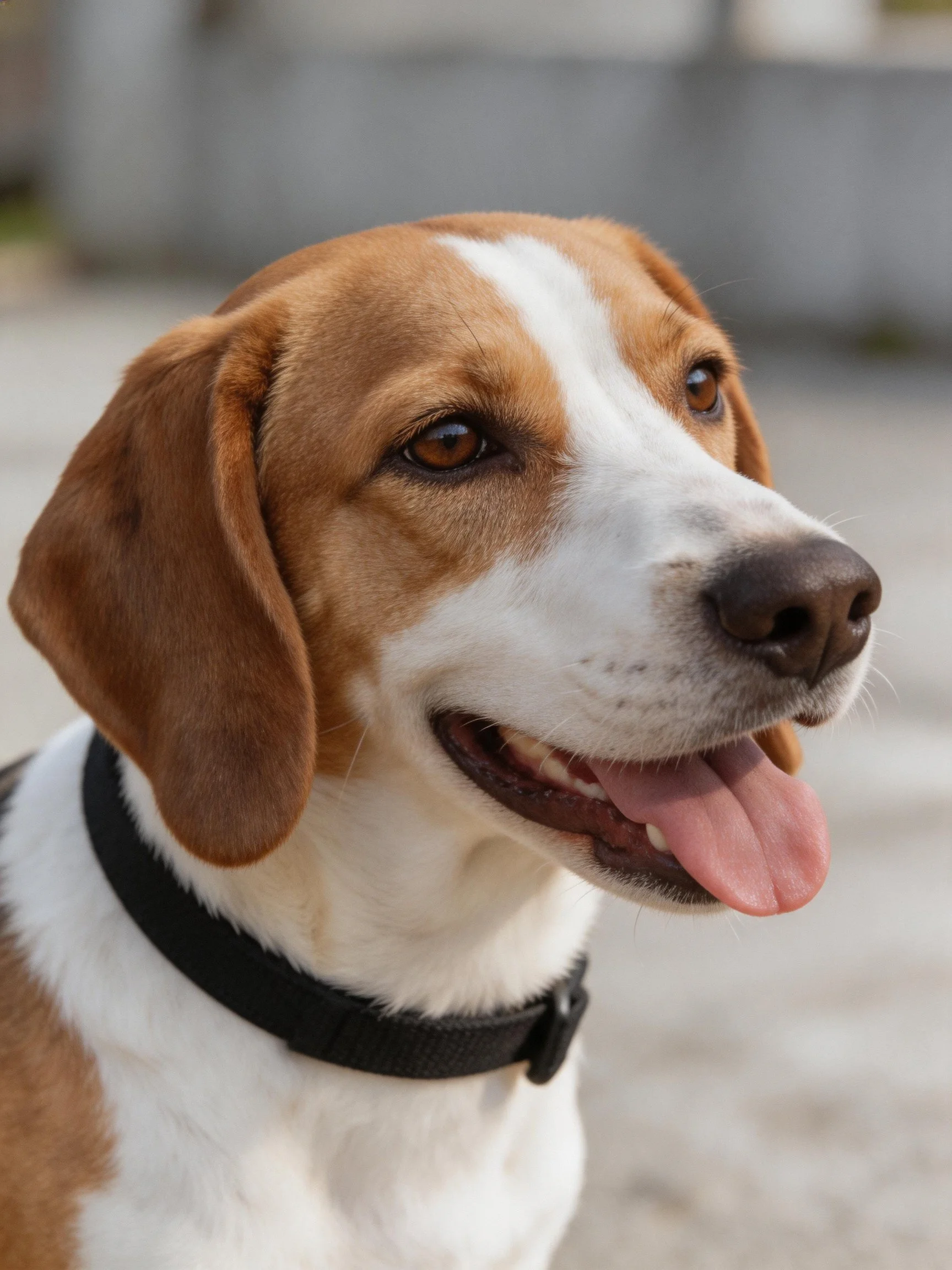A brown and white dog with a black collar pants happily outside.