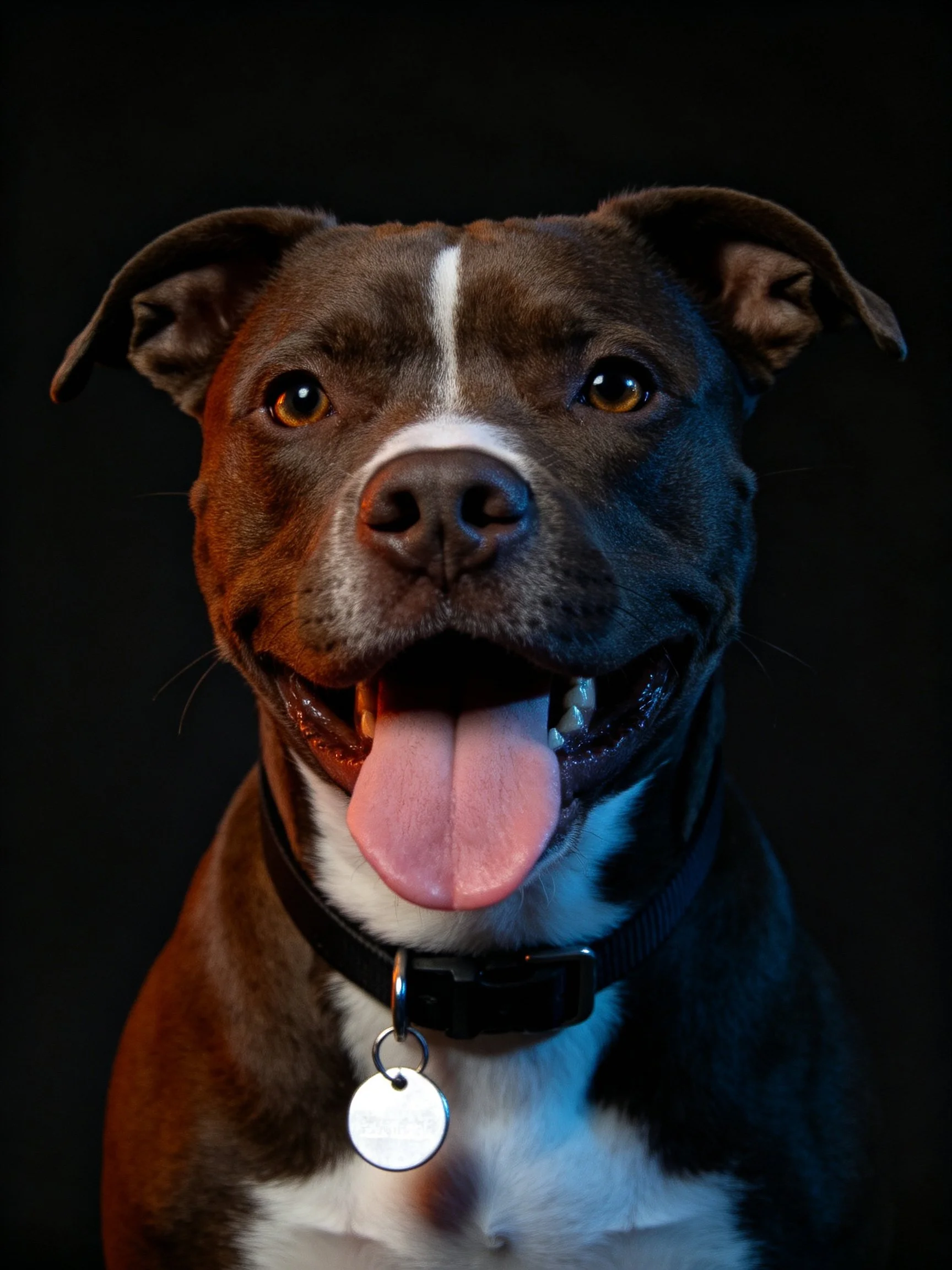 A brown and white dog displays a cheerful expression with its mouth open against a dark background.