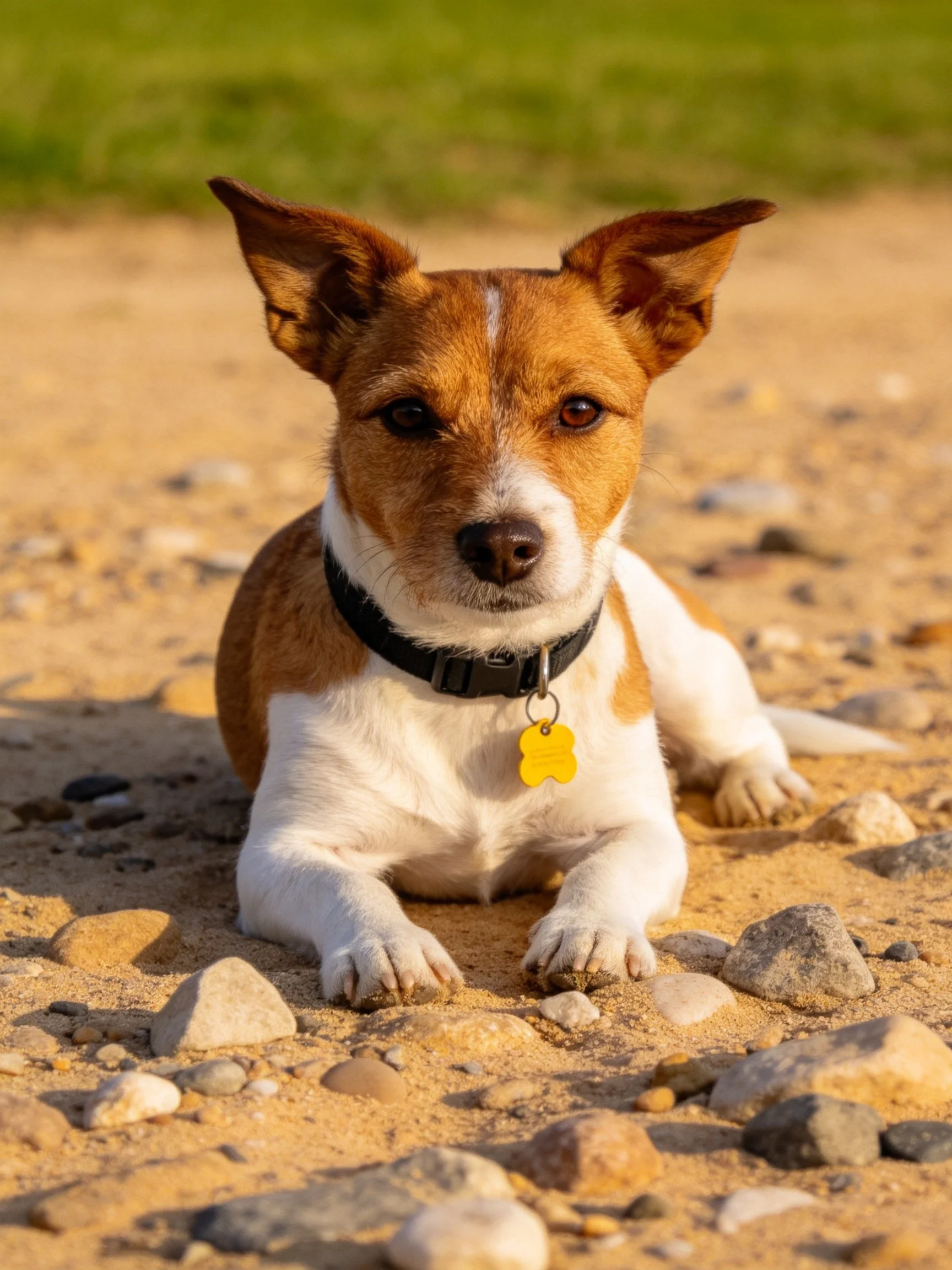A brown and white dog with a black collar lies on sandy ground with rocks