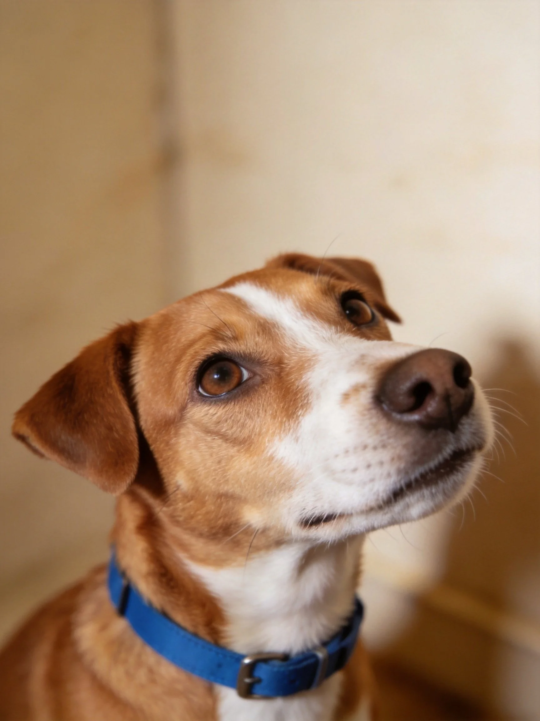 A brown and white dog wearing a blue collar looks upward.