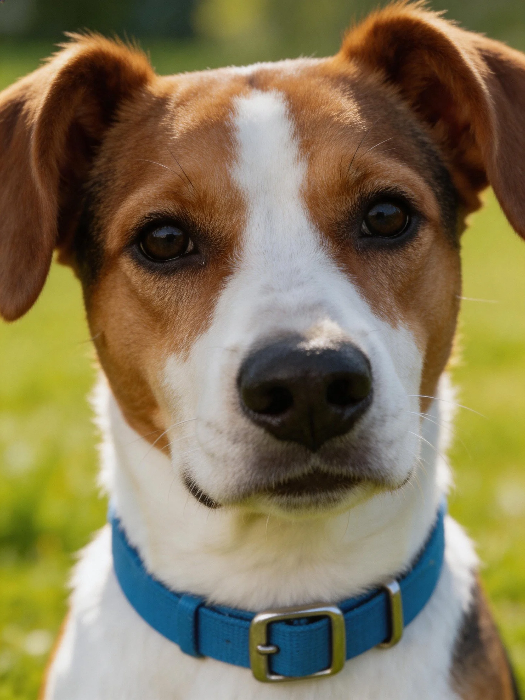 A brown and white dog wearing a blue collar is photographed outdoors.