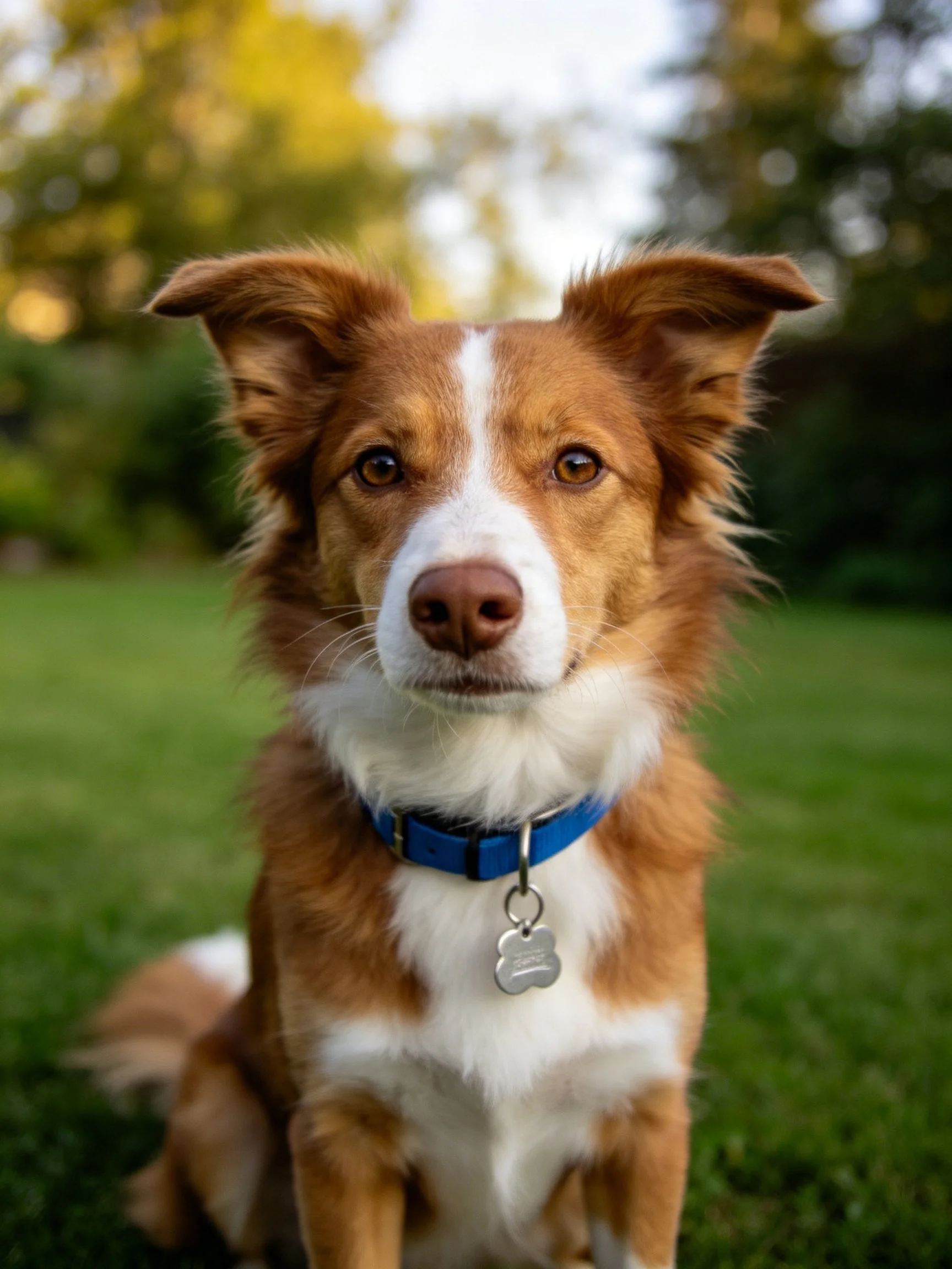 A brown and white dog with a blue collar sits on grass in an outdoor setting.