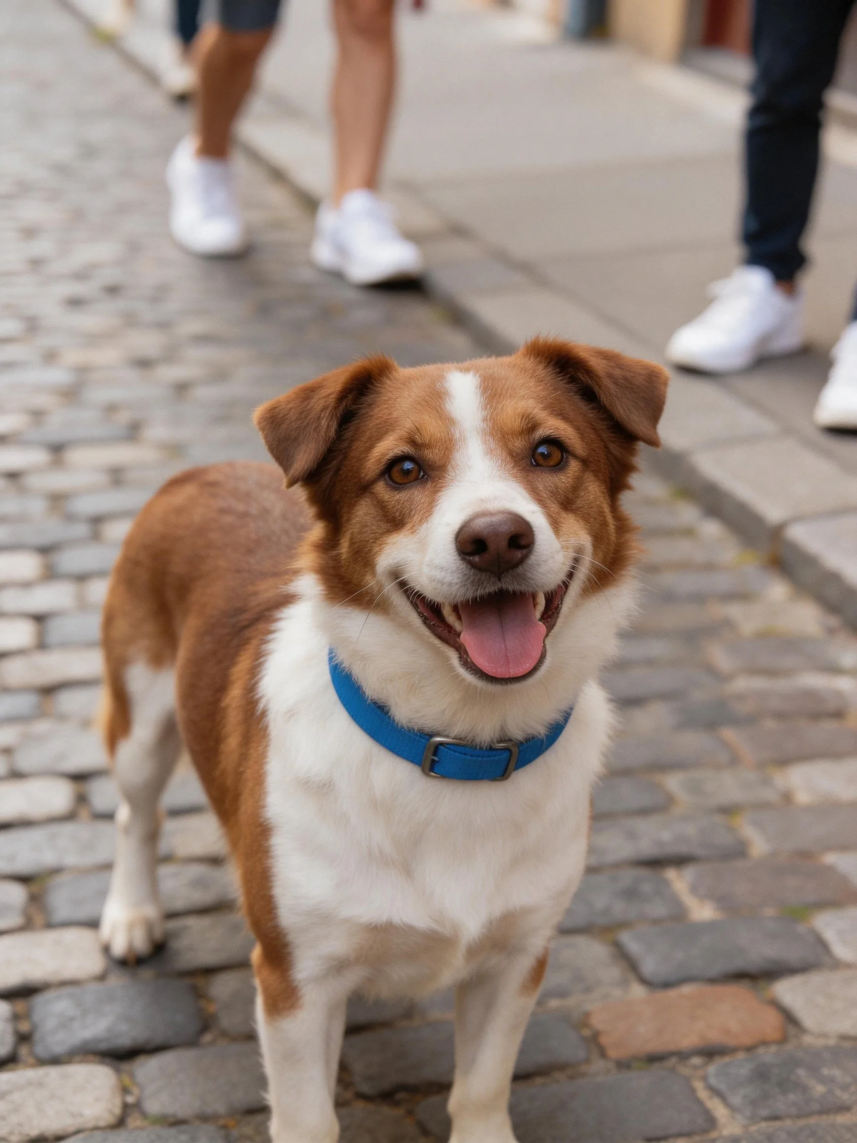 A cheerful brown and white dog with a blue collar stands on cobblestones near pedestrians