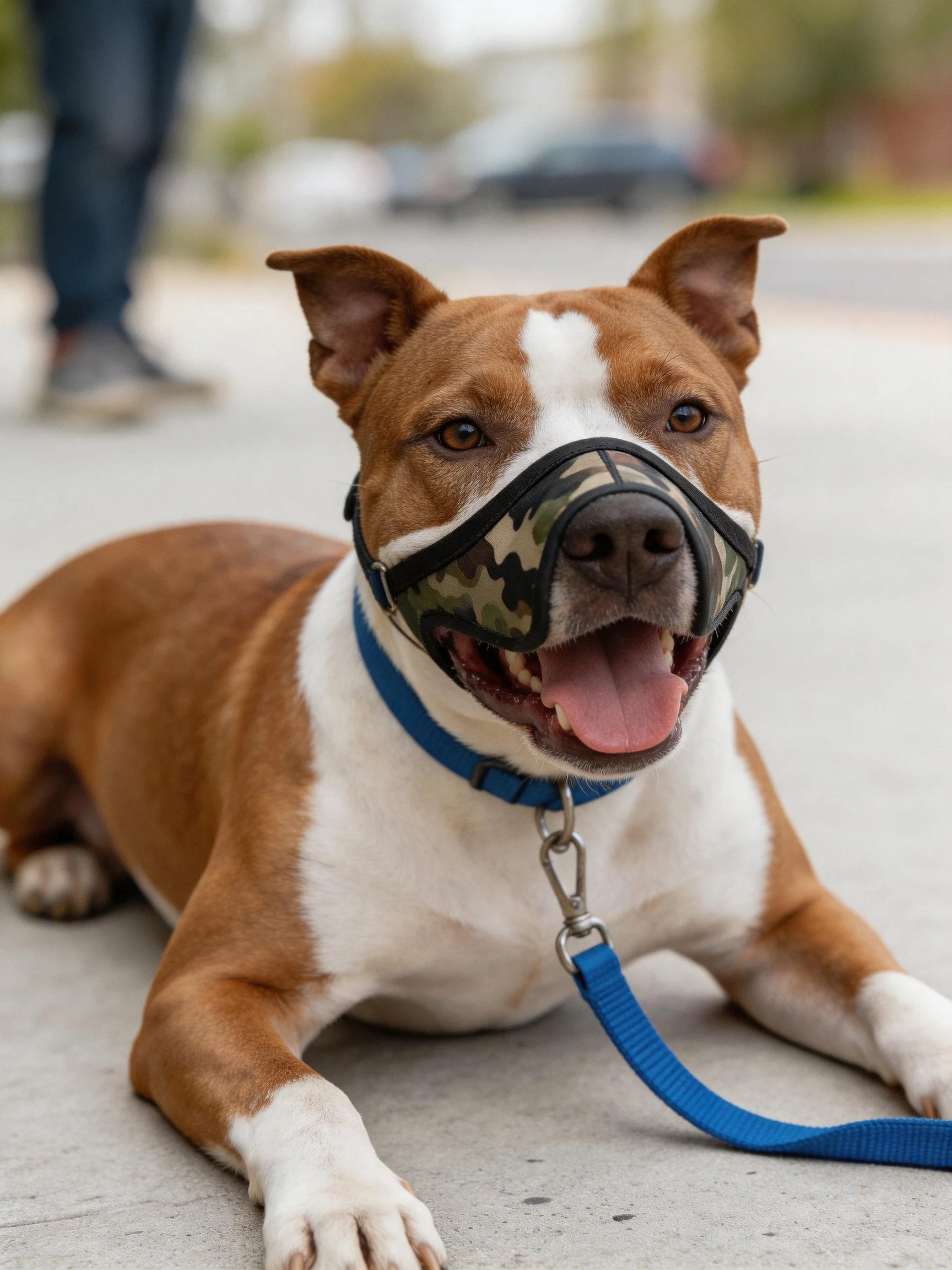A brown and white dog with a camouflage muzzle lies on pavement