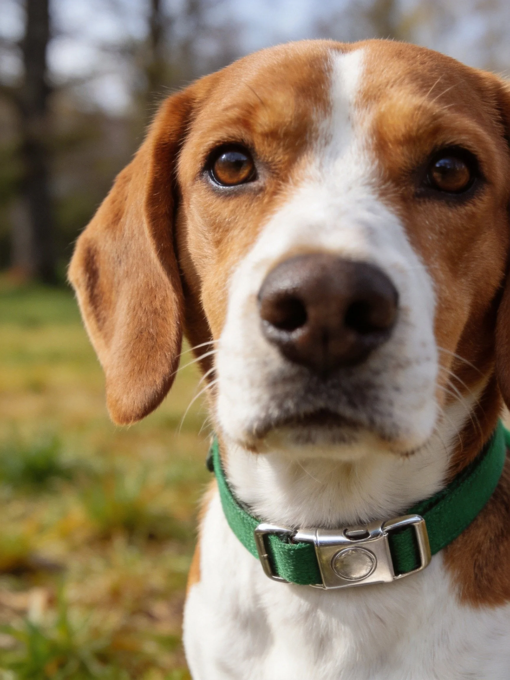 A brown and white dog with a green collar is depicted outdoors.