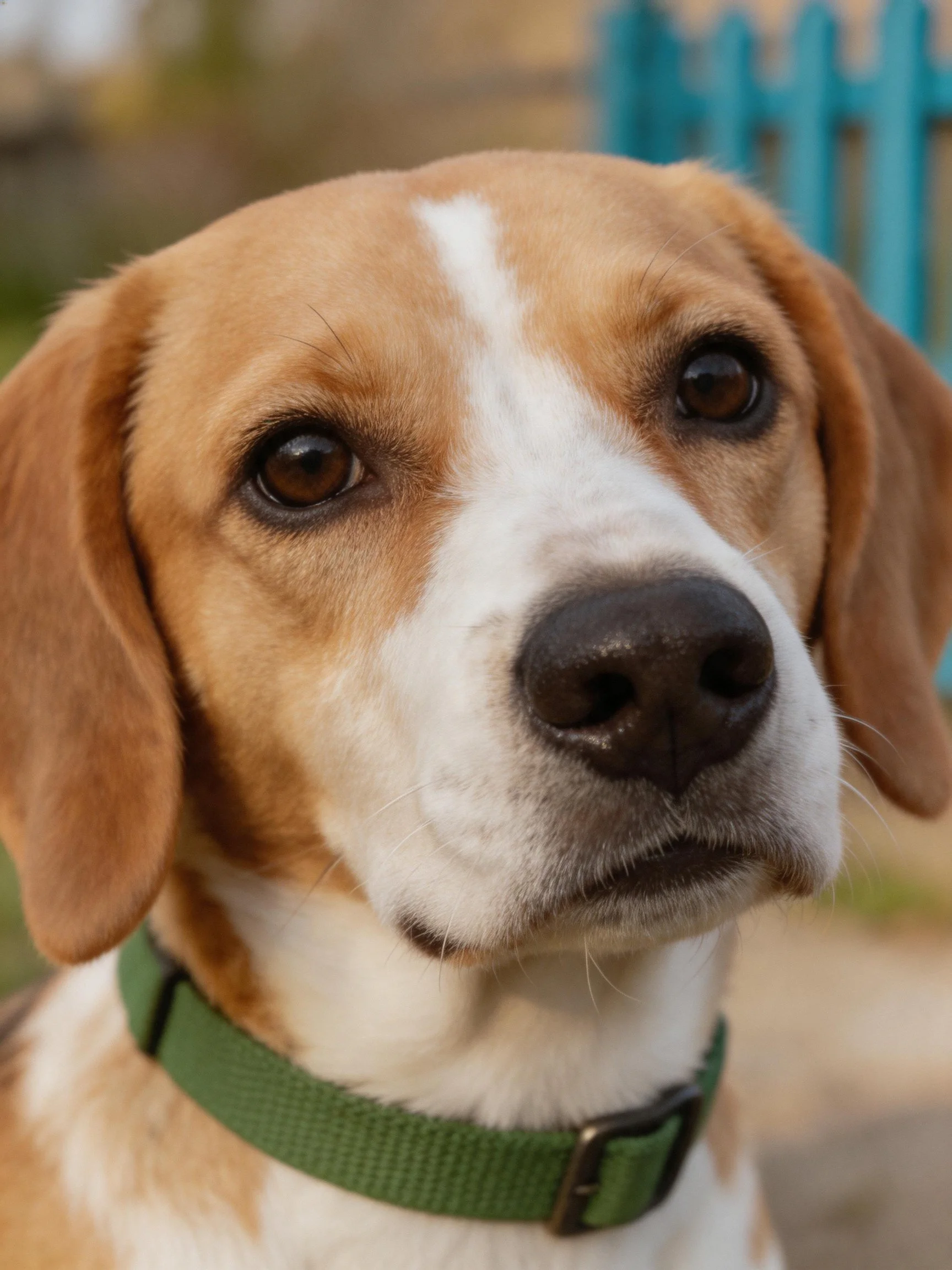 A brown and white dog wearing a green collar stands outdoors near a blue fence.