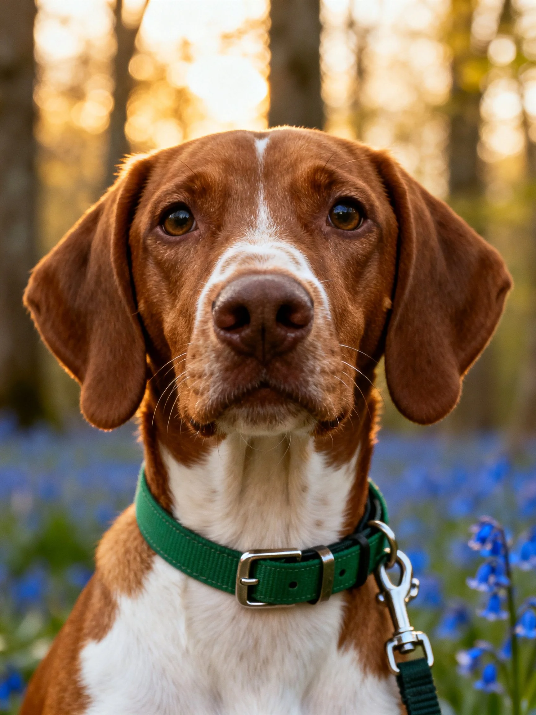 A brown and white dog stands among blue flowers in a sunlit forest setting.