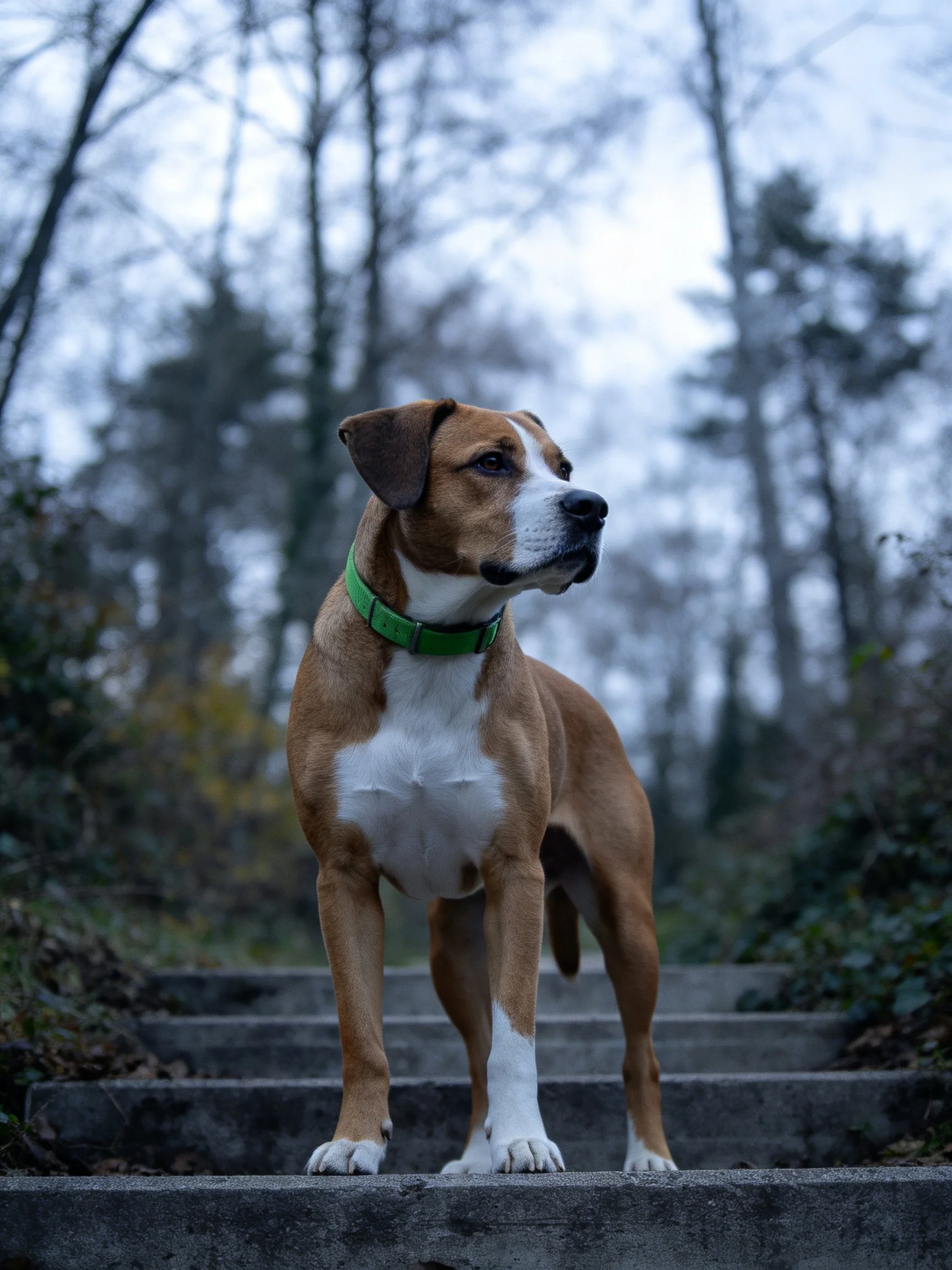 A brown and white dog with a green collar stands on concrete steps near trees