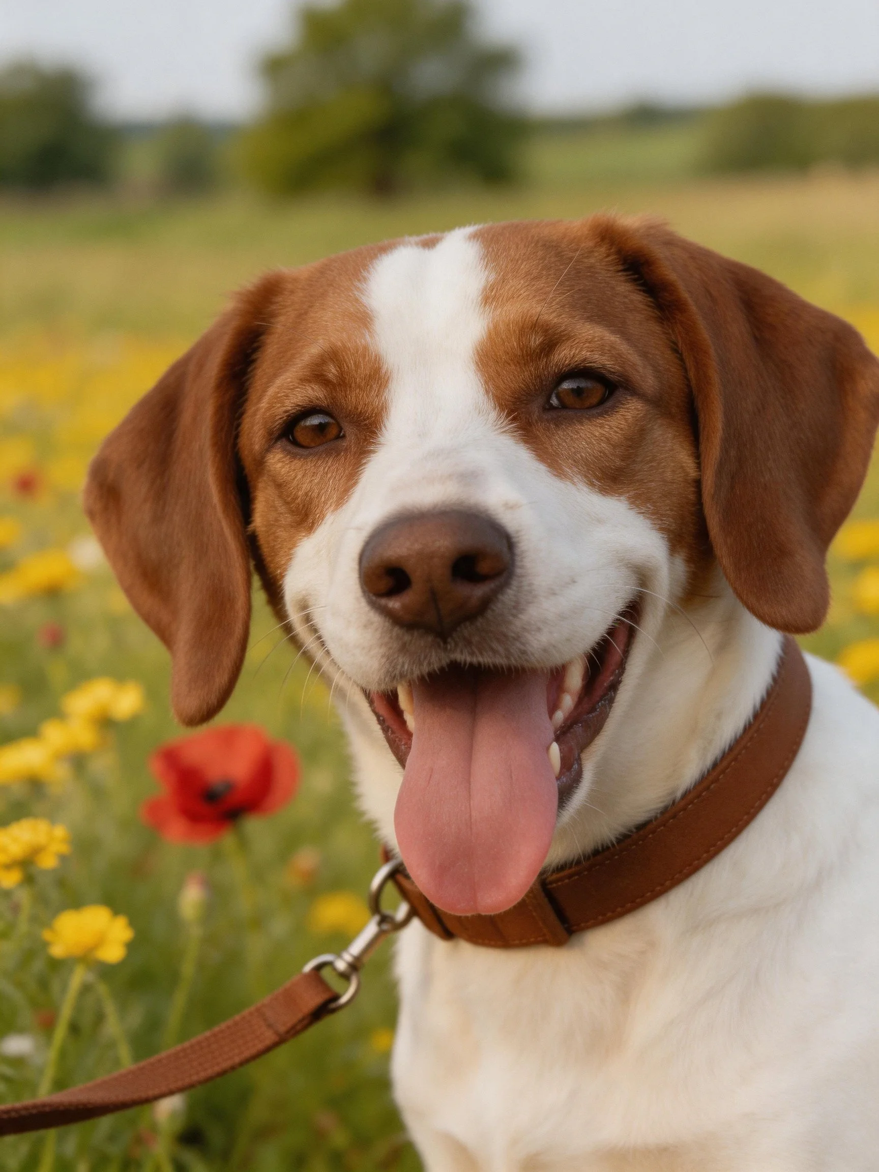 A brown and white dog with a leather collar in a flower-filled meadow