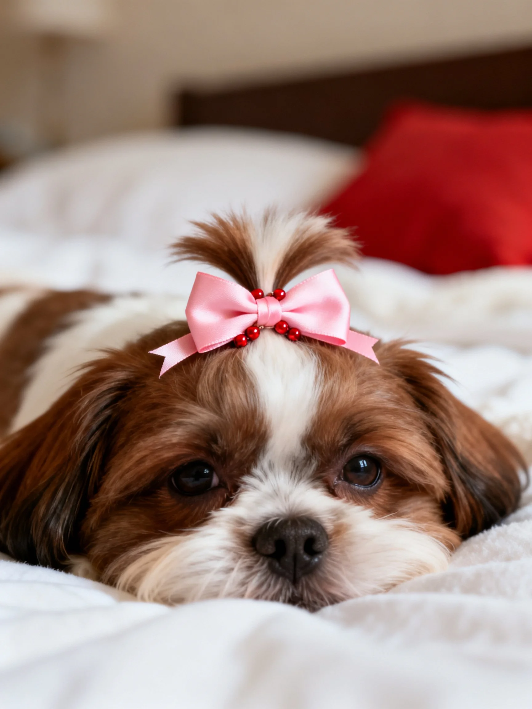 A small brown and white dog rests on a white bed with a pink bow