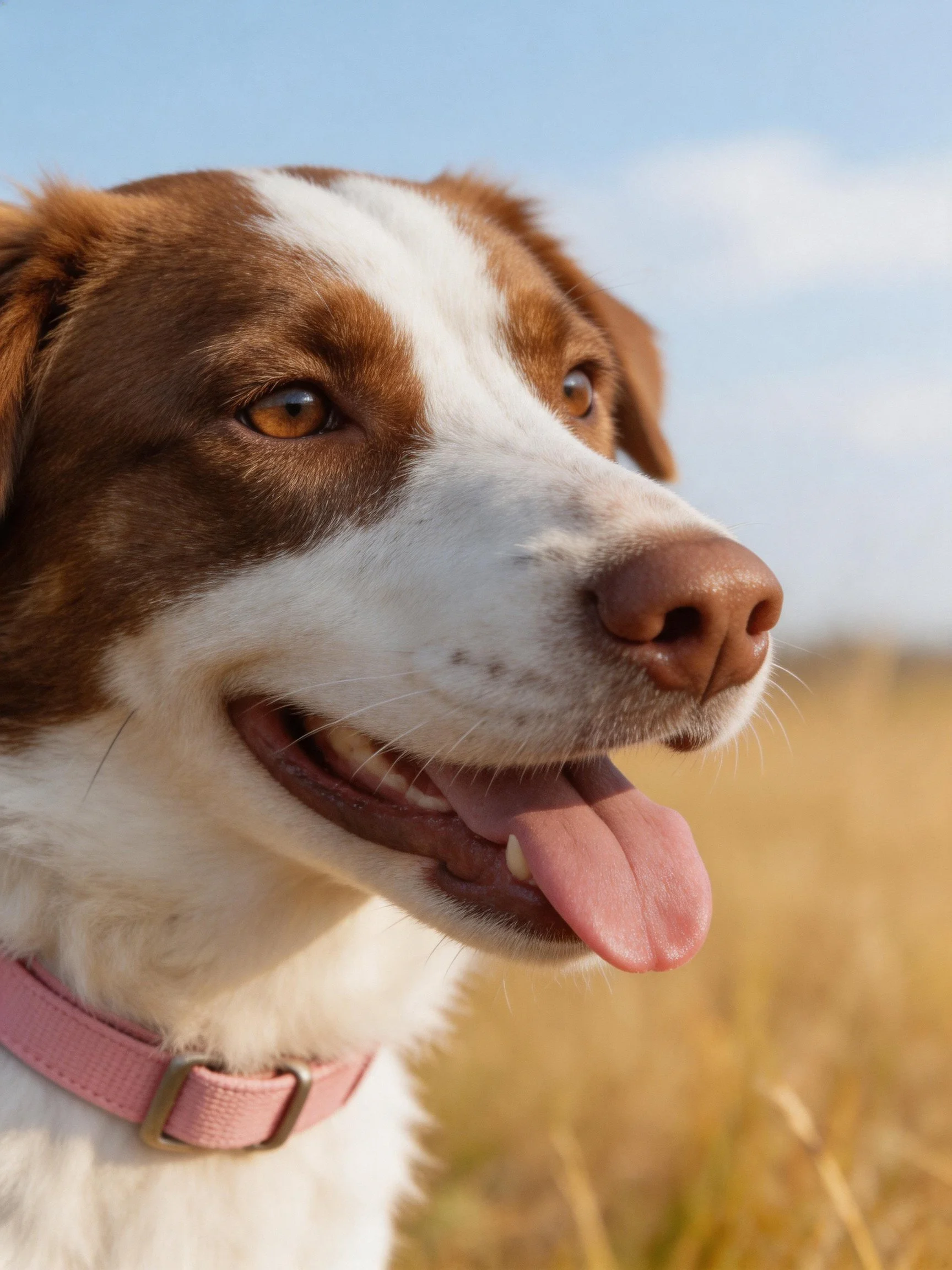 A brown and white dog with a pink collar is outside on a sunny day.