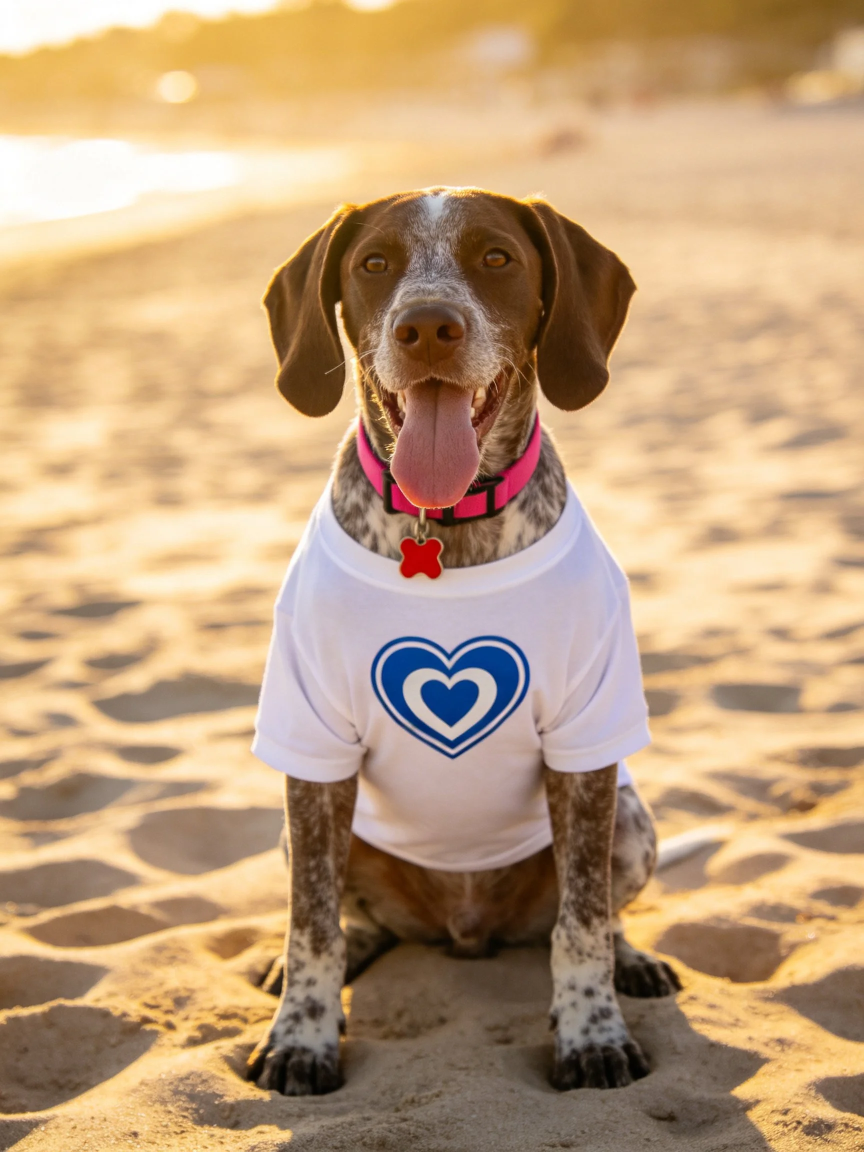 A dog sits on sand wearing a white heart t-shirt