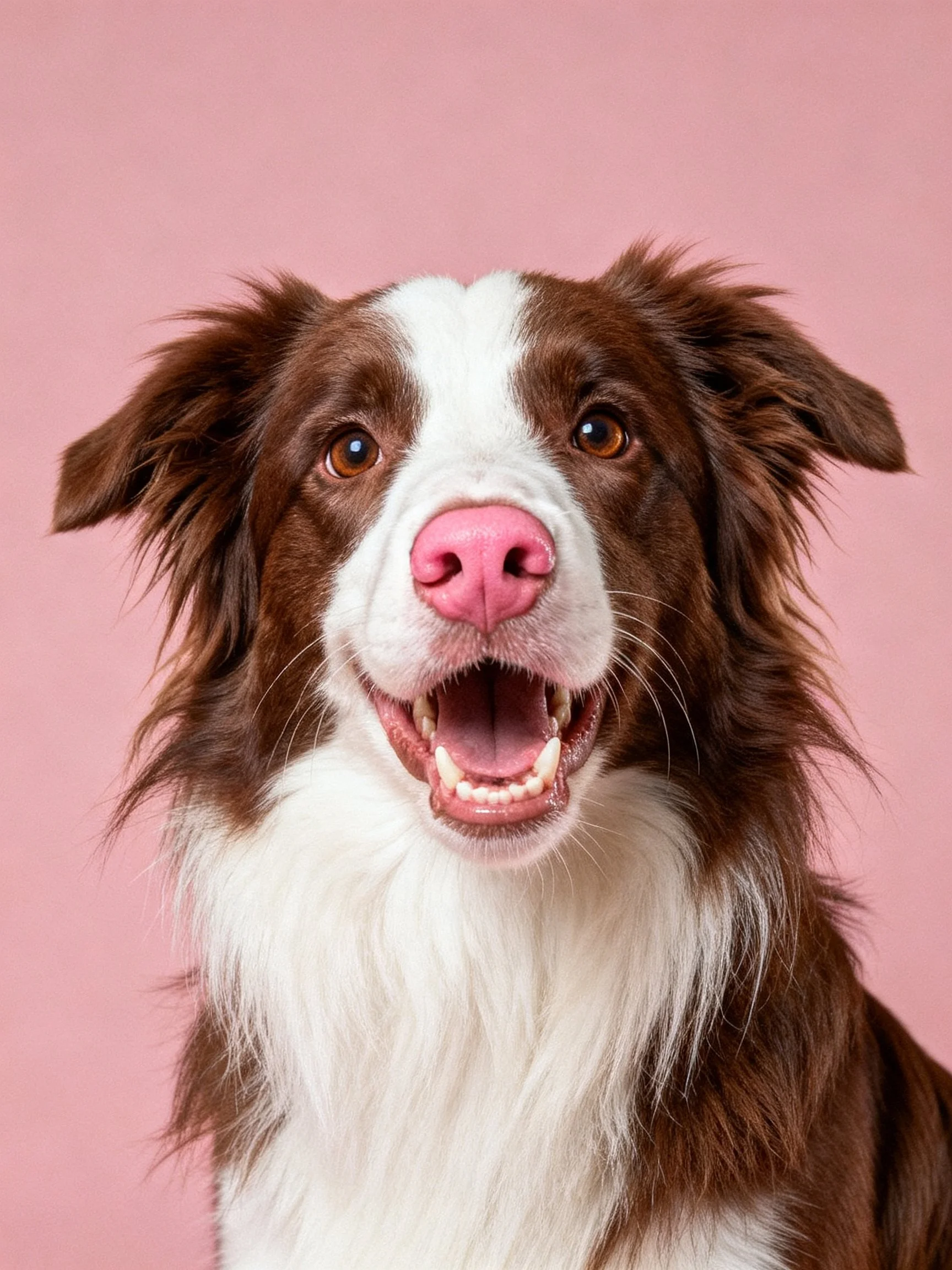 A brown and white dog poses cheerfully against a solid pink background