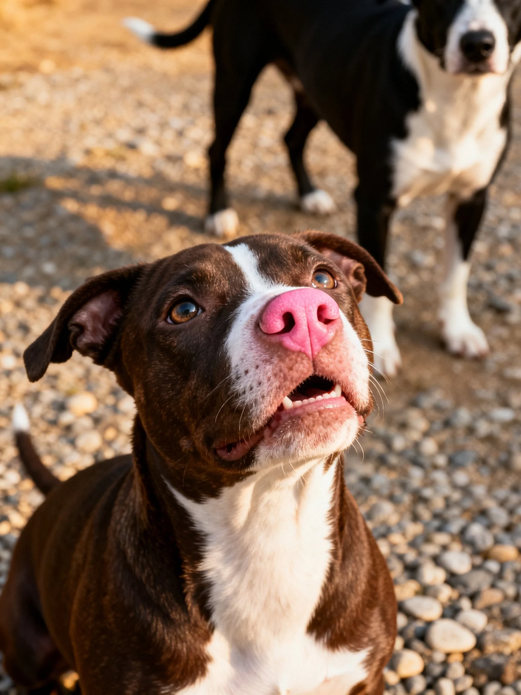 Two dogs, one with a pink nose, stand together on a gravel outdoor area.