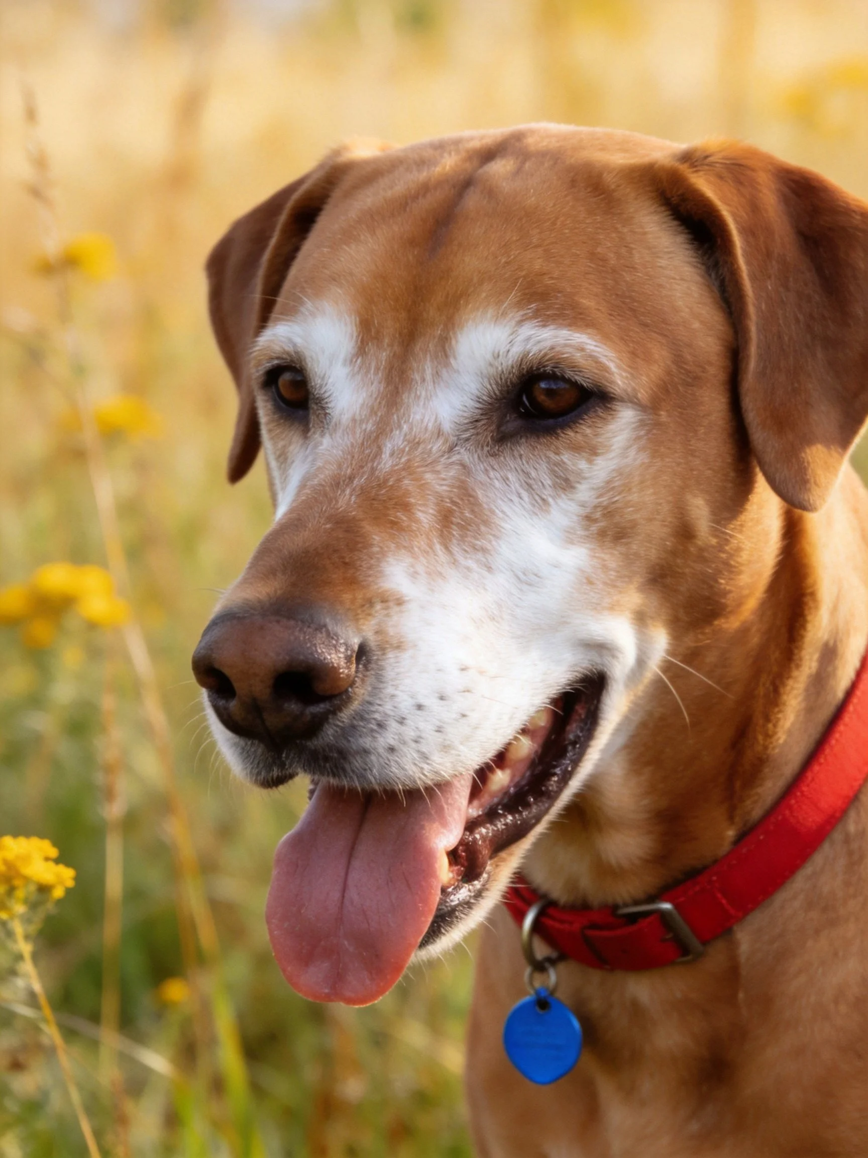 A brown and white dog with a red collar enjoys time near yellow wildflowers.