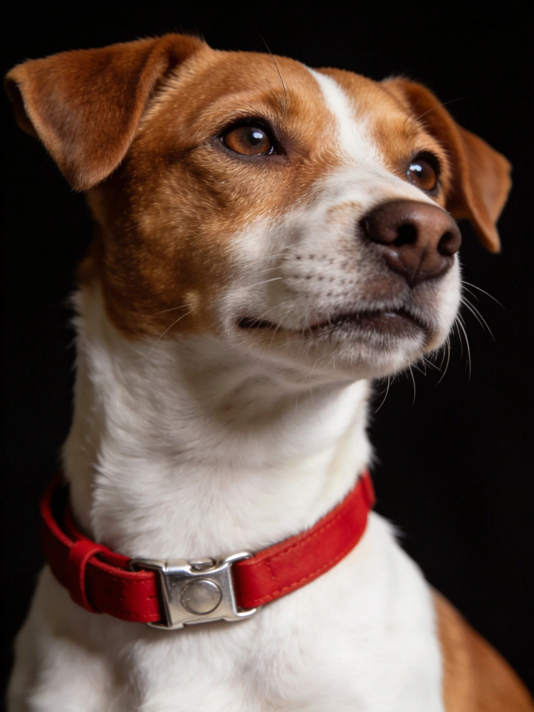 A brown and white dog with a red collar gazes against a dark backdrop.