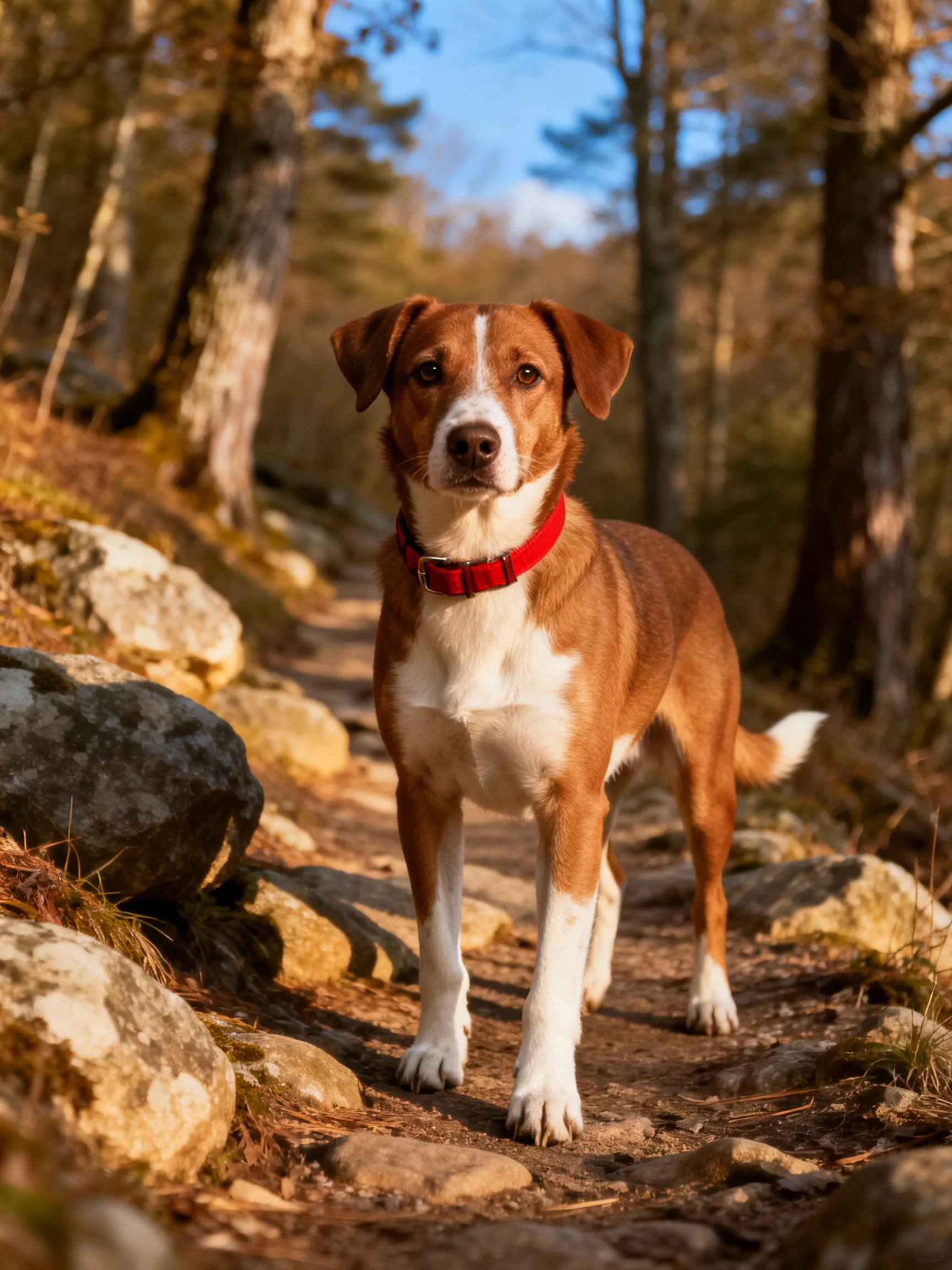 A brown and white dog stands on a rocky forest trail.