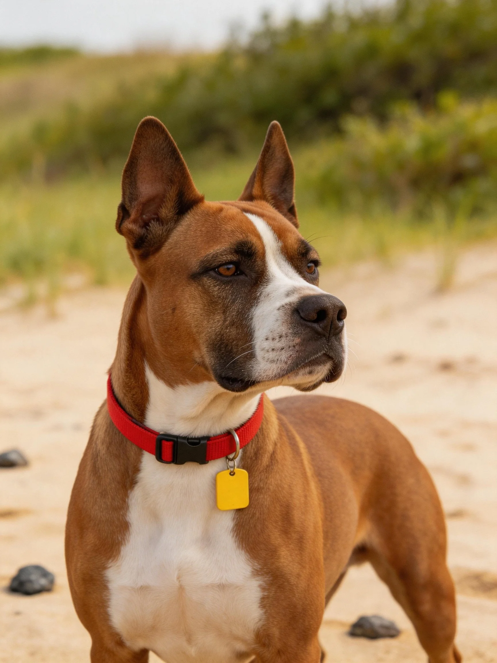 A brown and white dog stands alertly on sandy ground near greenery.