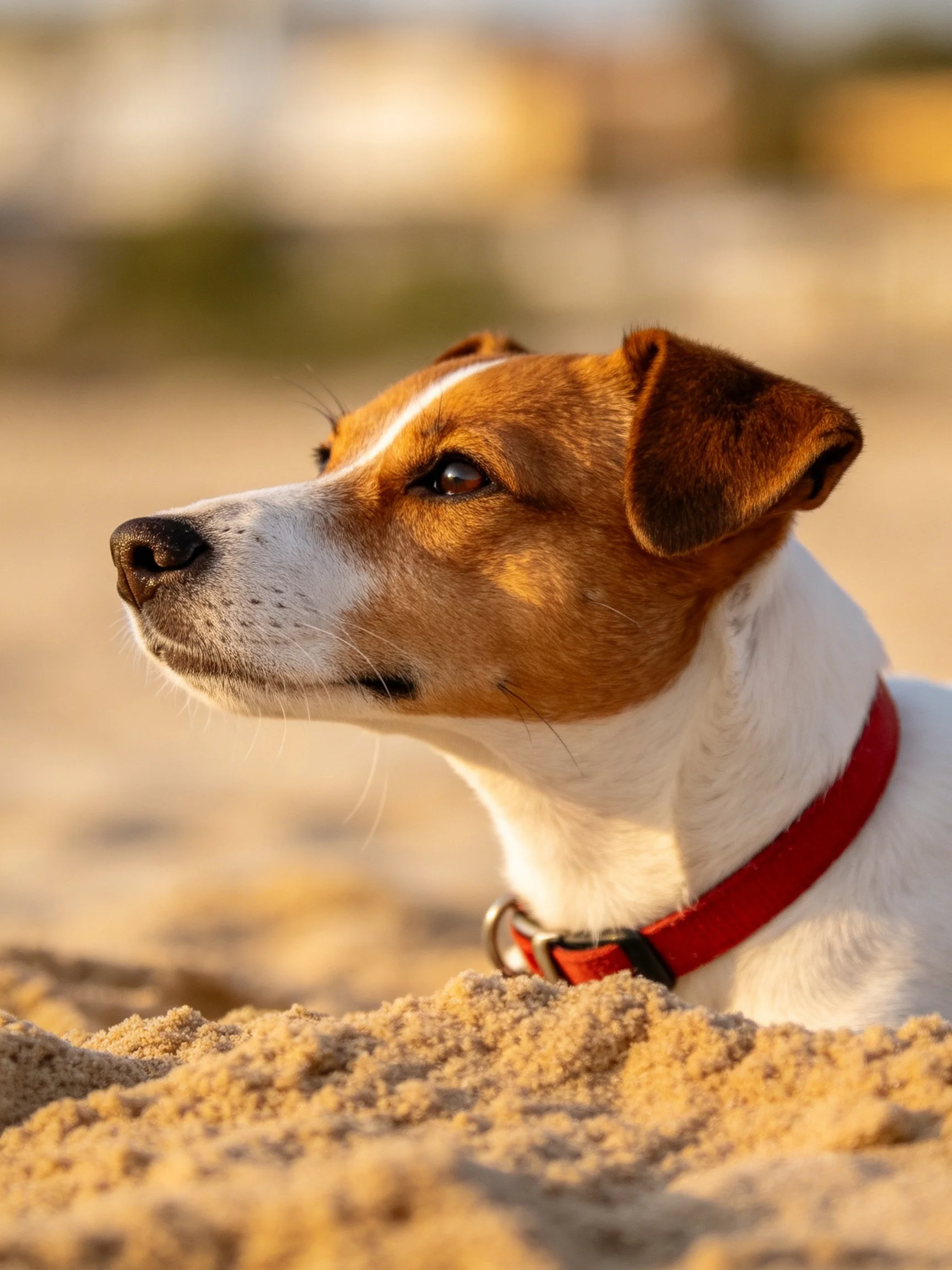 A brown and white dog with a red collar is in sandy terrain.