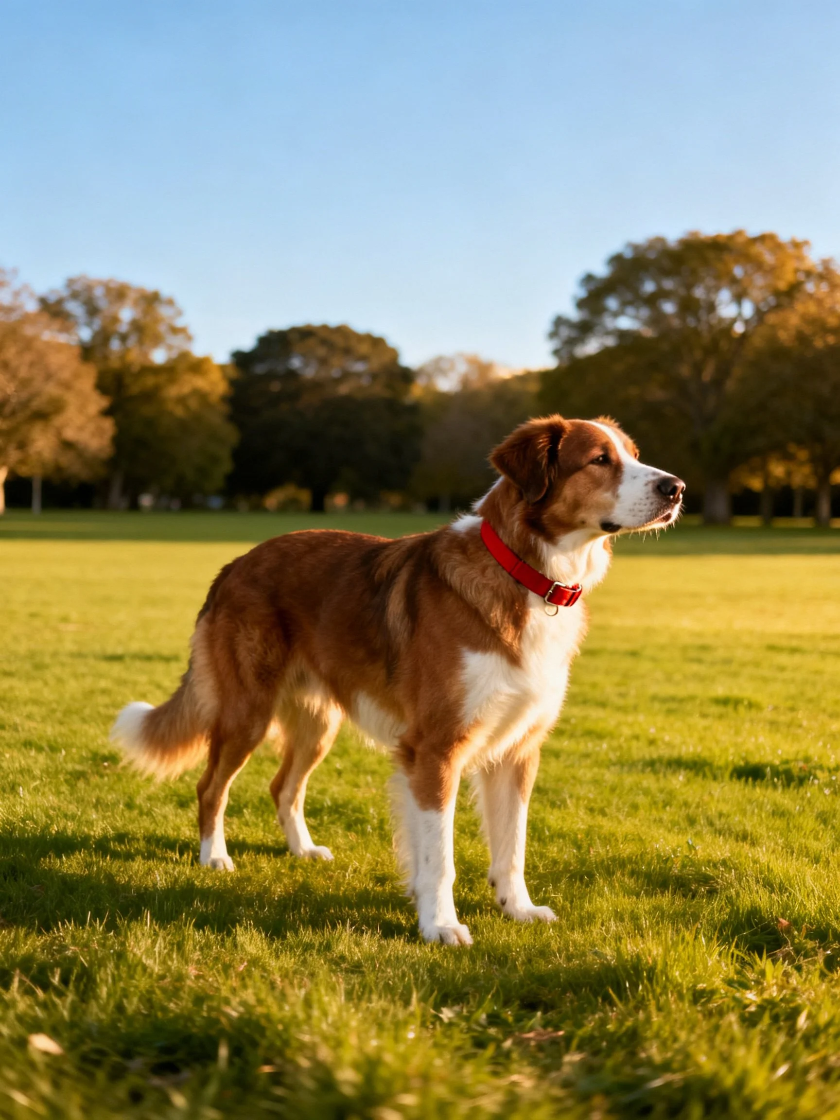 A brown and white dog with a red collar stands alert on a grassy field with trees.