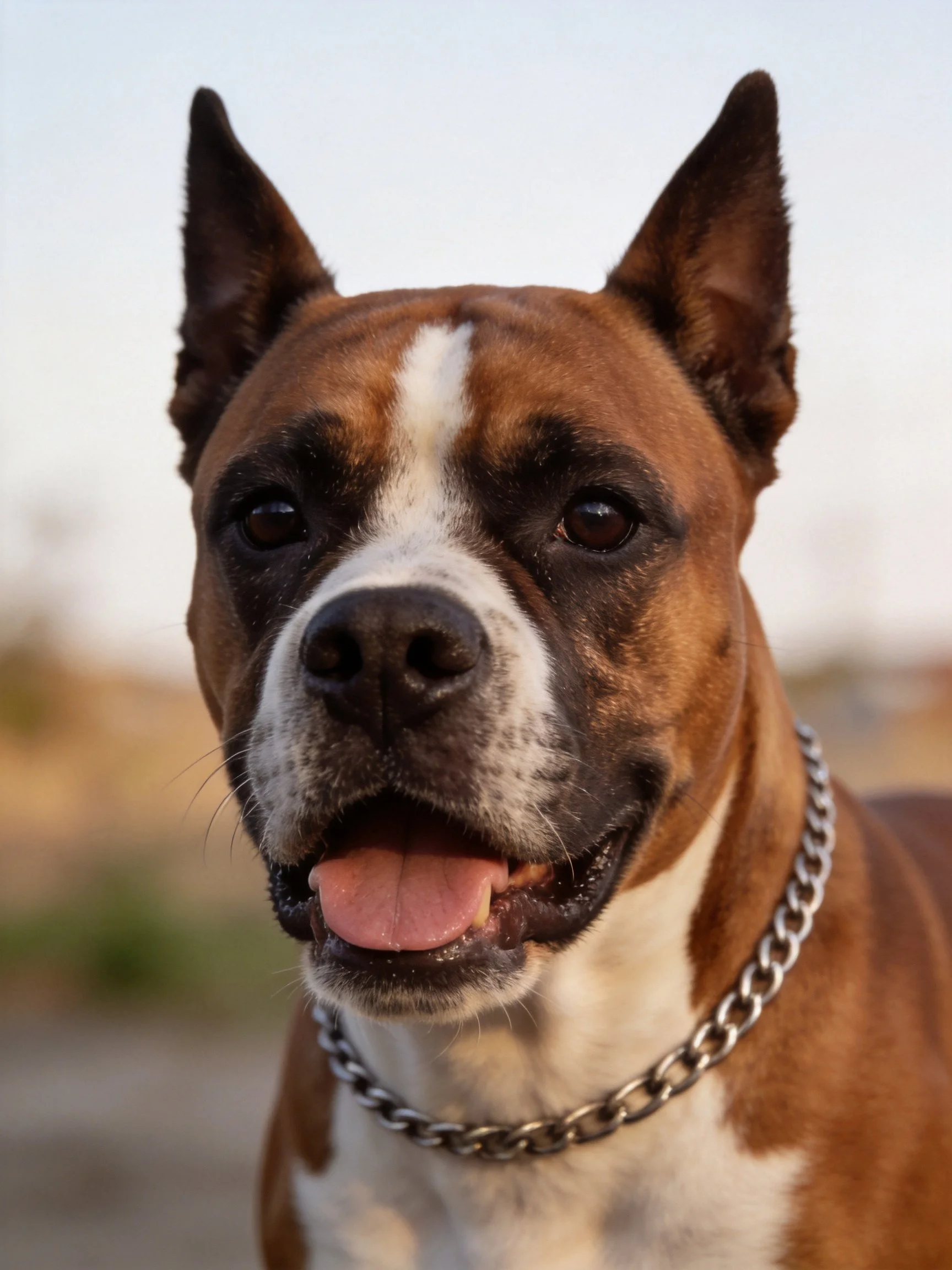 A brown and white dog with a silver chain collar in an outdoor setting