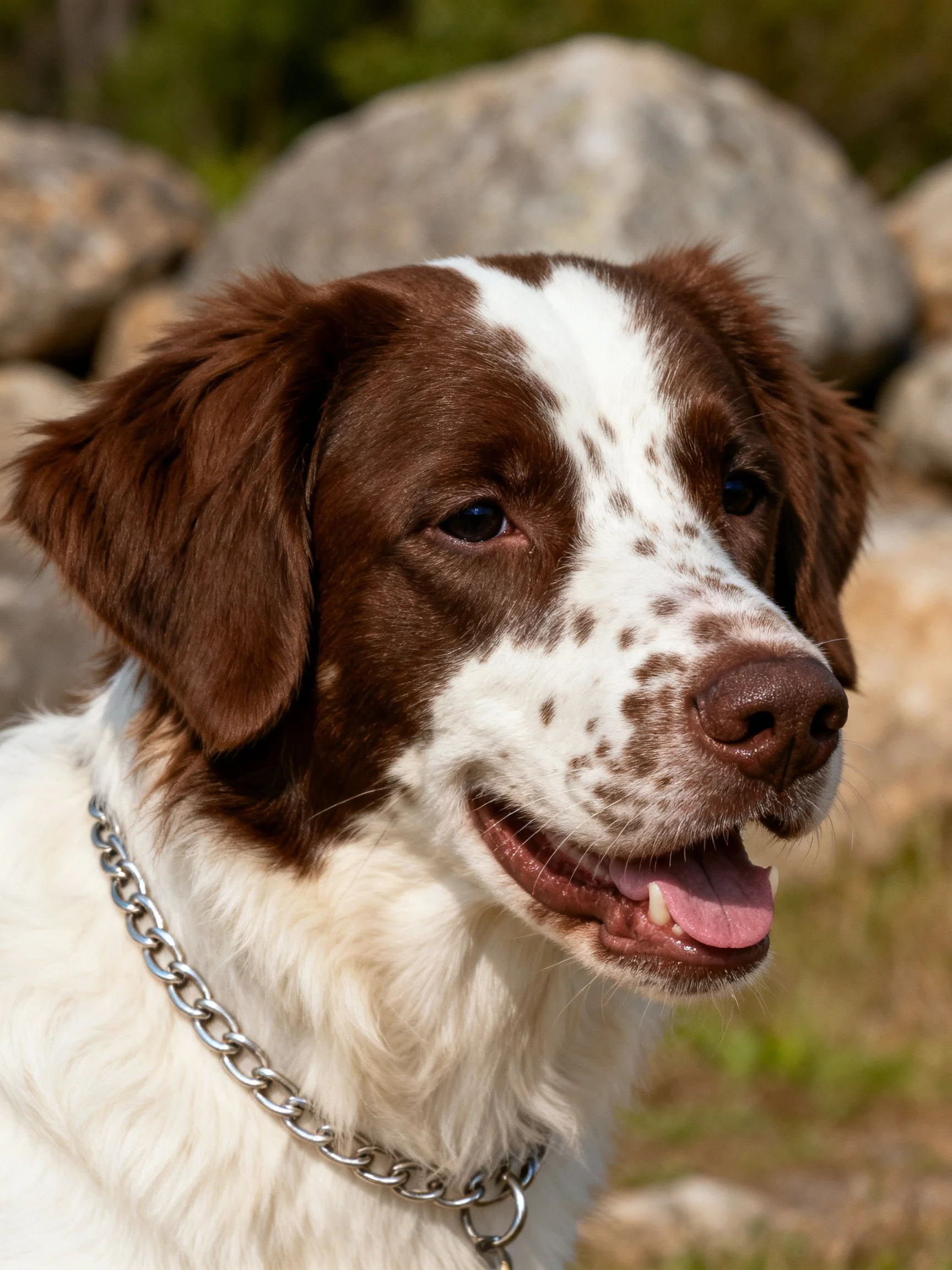 A brown and white dog wears a silver chain collar beside large rocks.