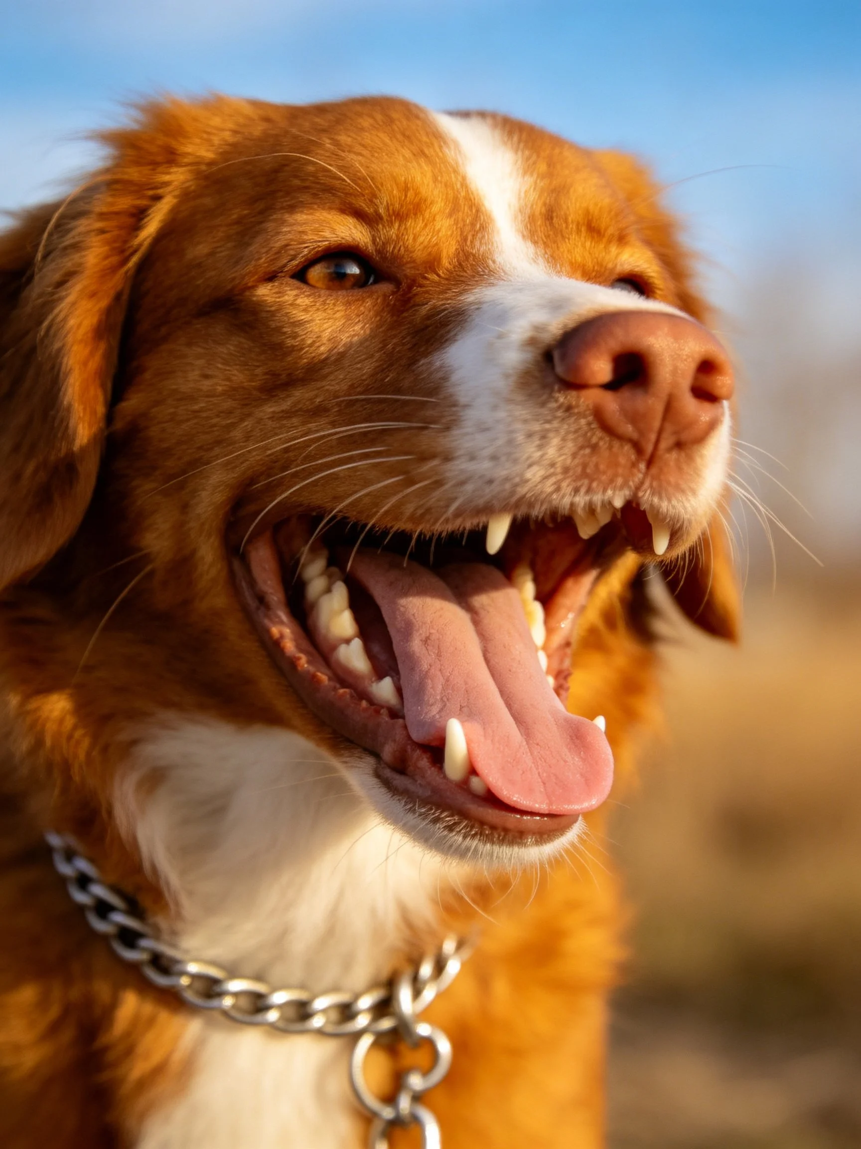 A brown and white dog with an open mouth is photographed outdoors.