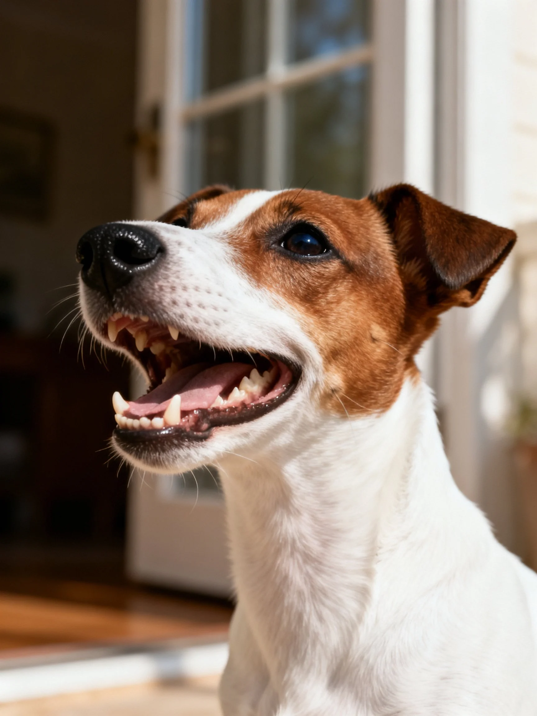 A brown and white dog appears joyful near a glass door entrance.