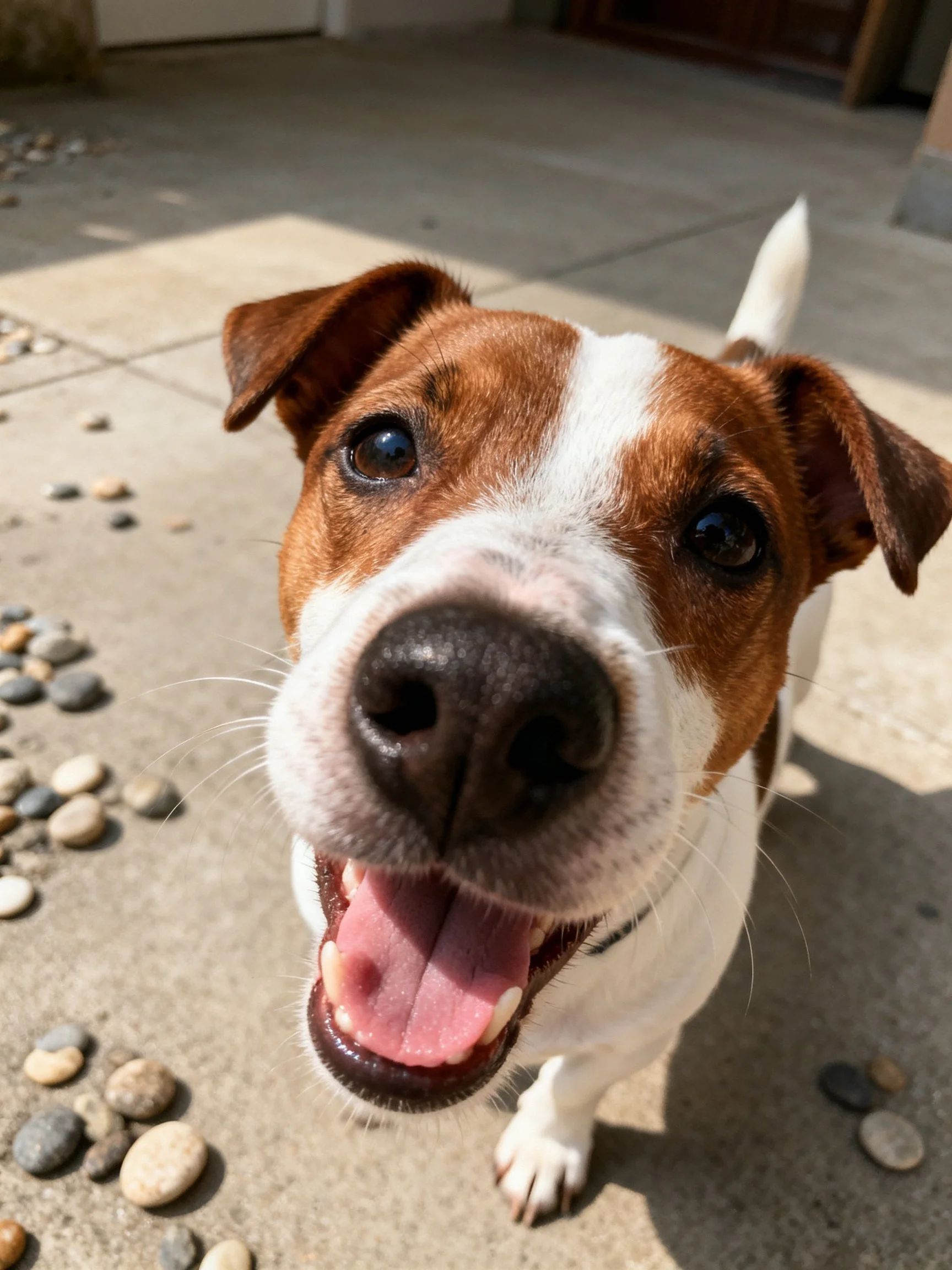 A brown and white dog with an open mouth on a stone-paved patio