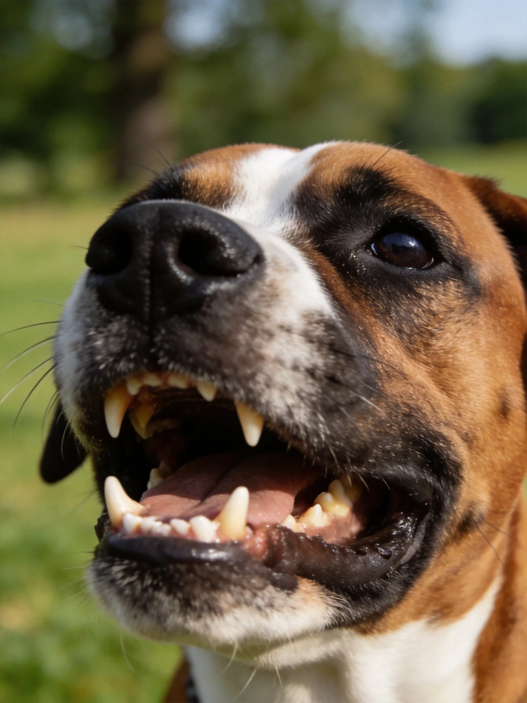 A brown and white dog shows its teeth while outside in a sunny area.