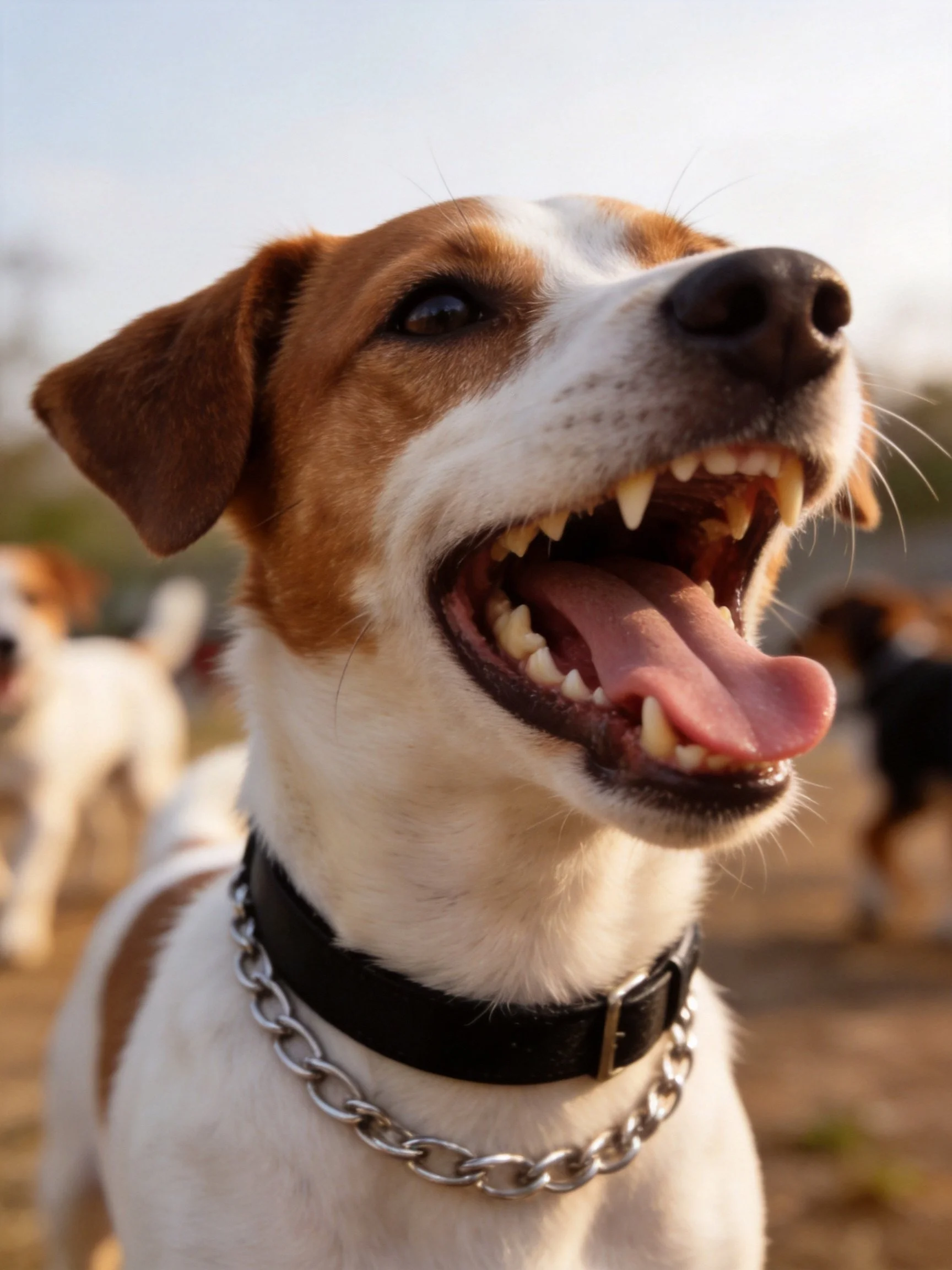 A brown-and-white dog with its mouth open stands among other dogs outdoors