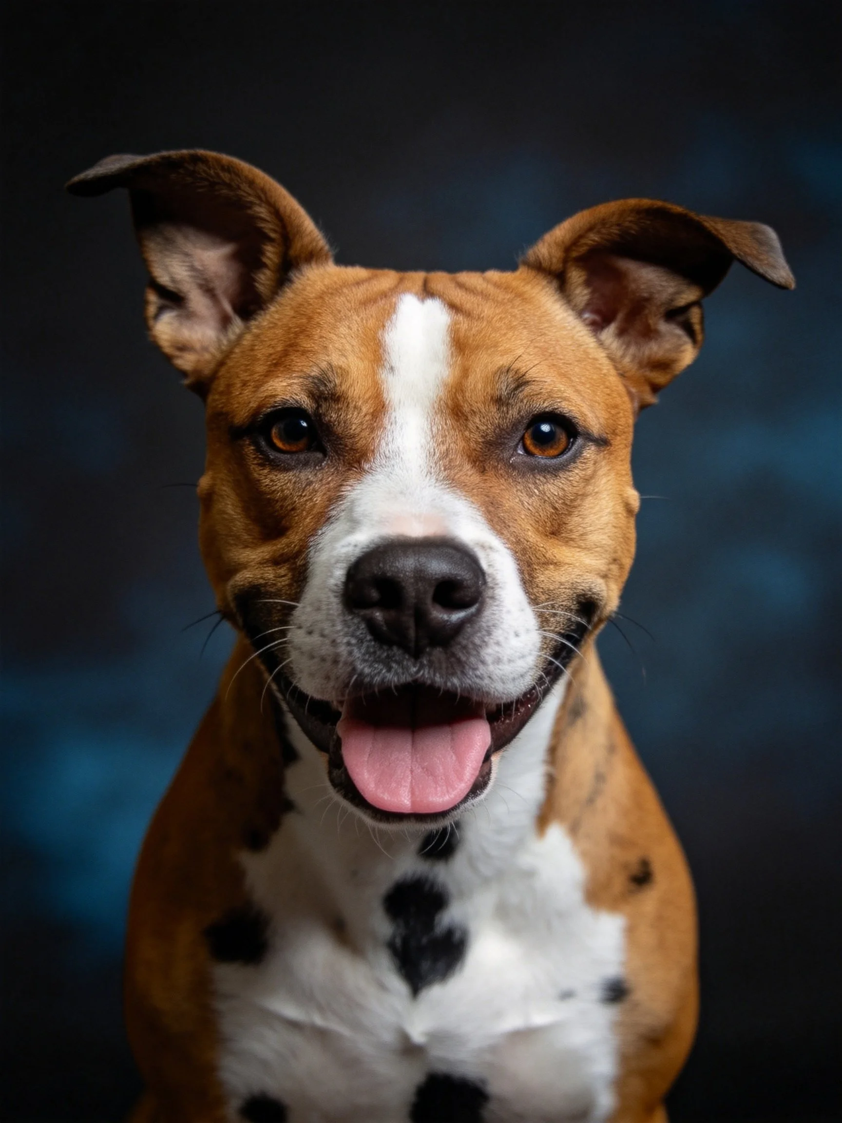 A brown and white dog with black spots poses happily in a studio.