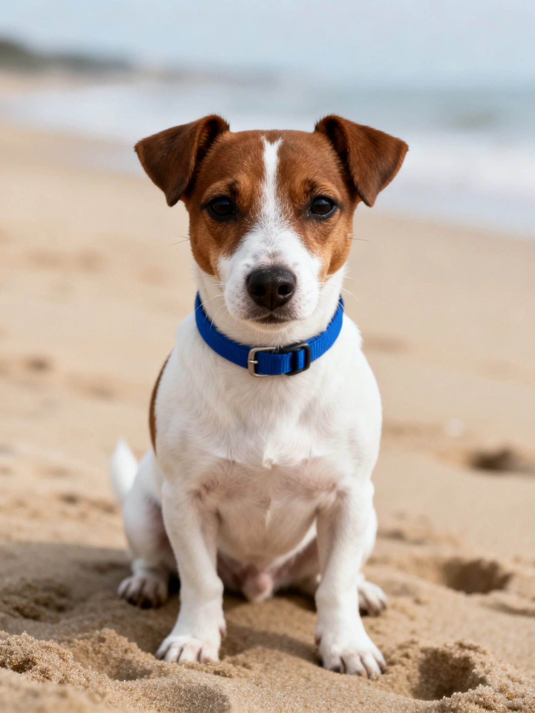 A brown and white dog with blue collar sits calmly on sandy beach
