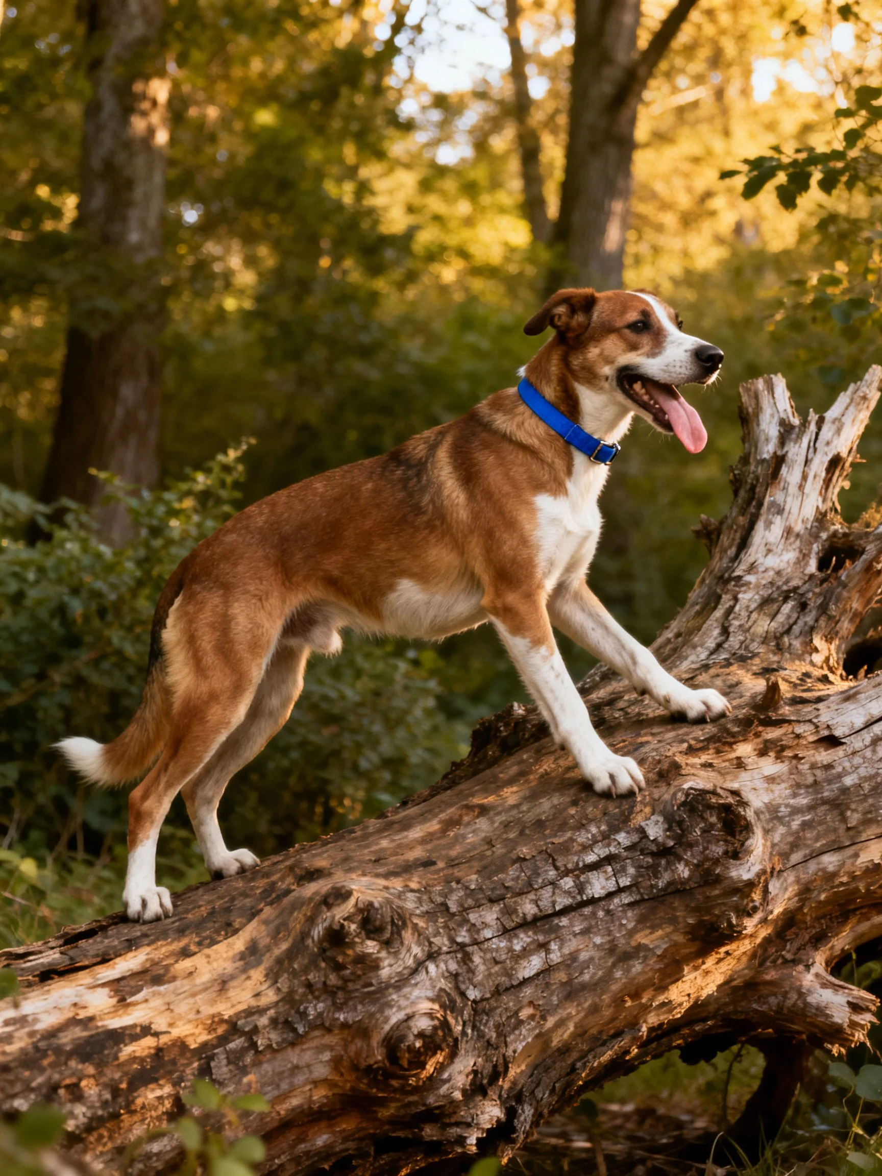 A brown and white dog with a blue collar stands on a fallen log in a sunlit forest
