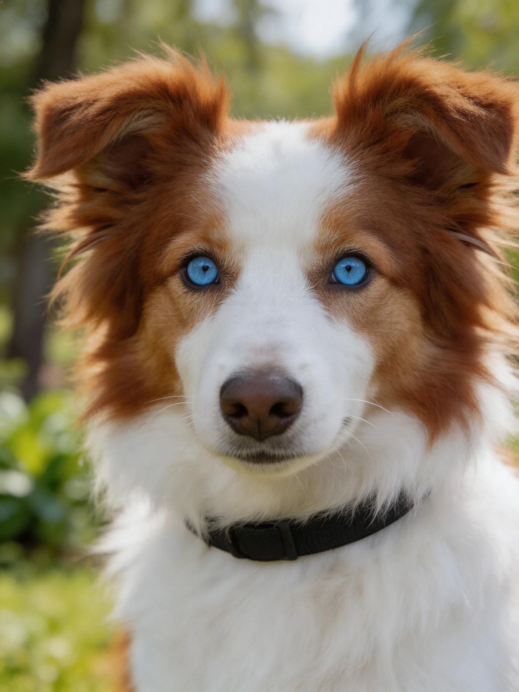 A brown and white dog with striking blue eyes stands in a green outdoor area.