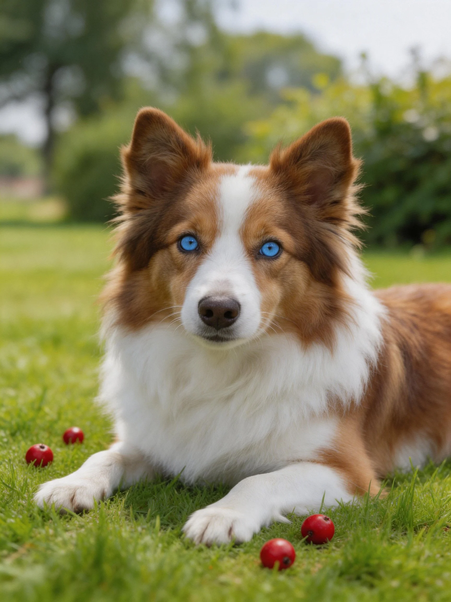 A brown and white dog with blue eyes lies on grass surrounded by red berries